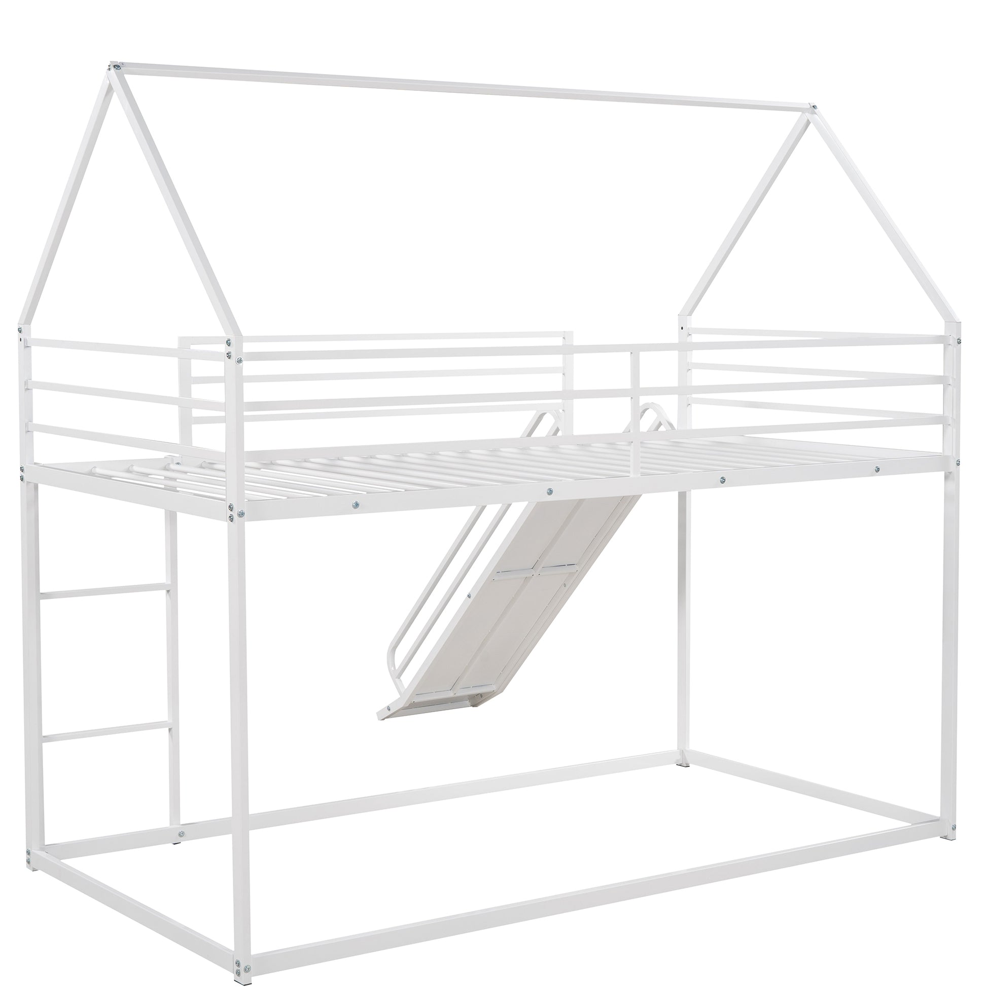 Twin Over Twin House Bunk Bed With Ladder And Slide,White White Metal