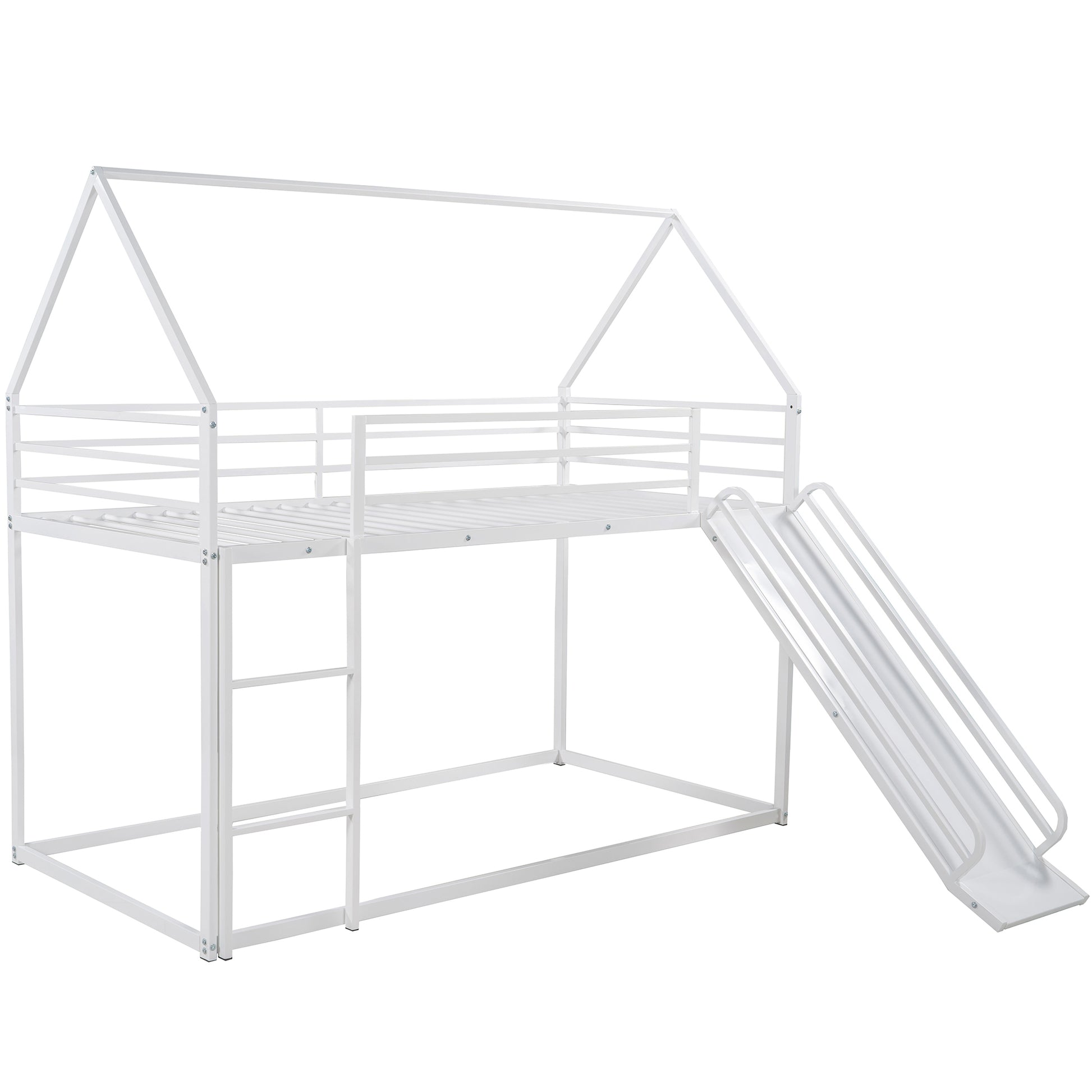 Twin Over Twin House Bunk Bed With Ladder And Slide,White White Metal