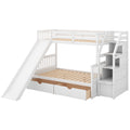 Twin Over Full Bunk Bed With Drawers,Storage And Slide, Multifunction, White Twin Box Spring Not Required White Pine