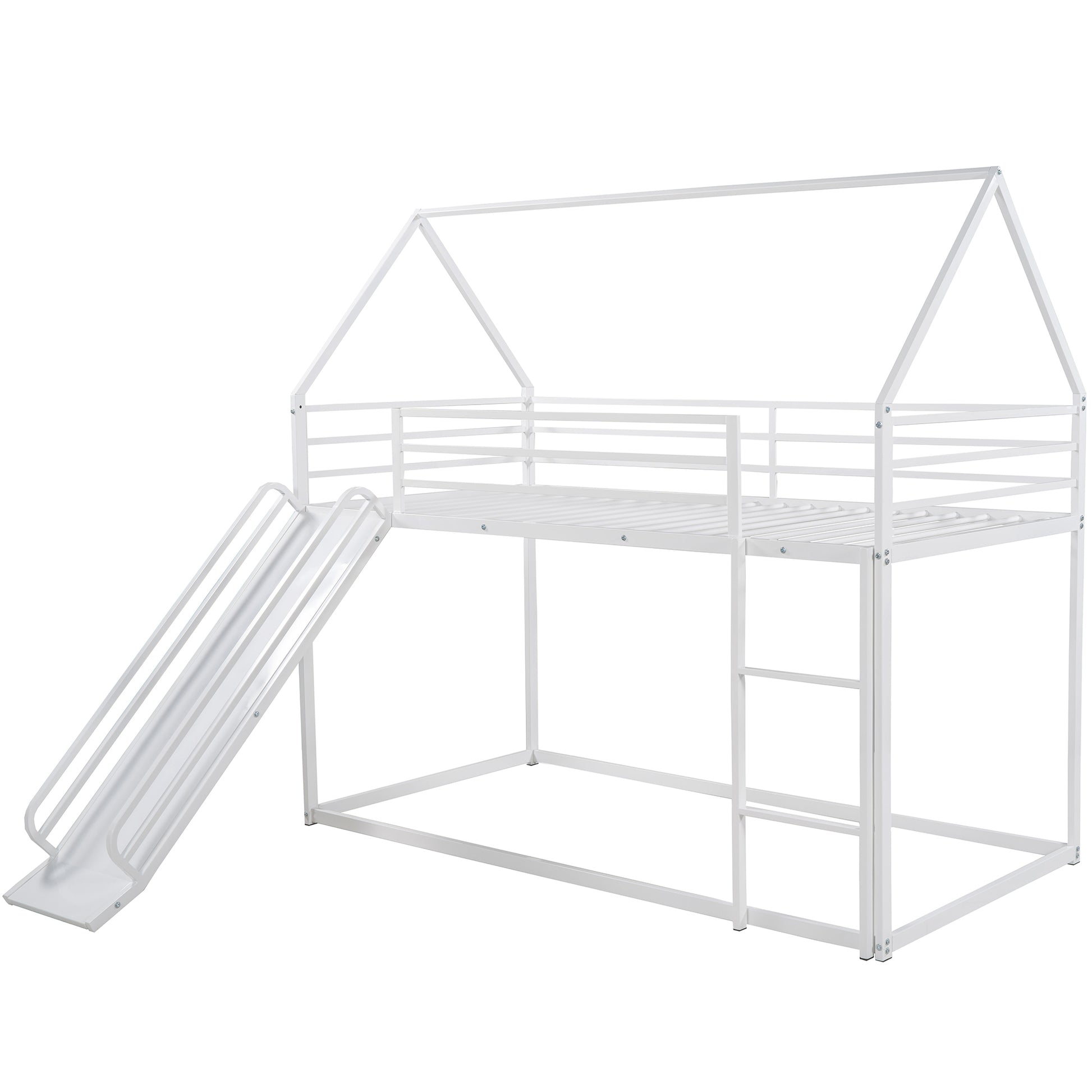 Twin Over Twin House Bunk Bed With Ladder And Slide,White White Metal