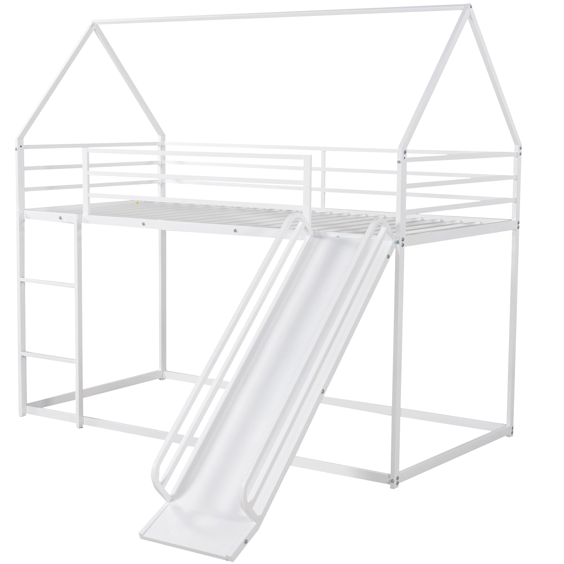 Twin Over Twin House Bunk Bed With Ladder And Slide,White White Metal