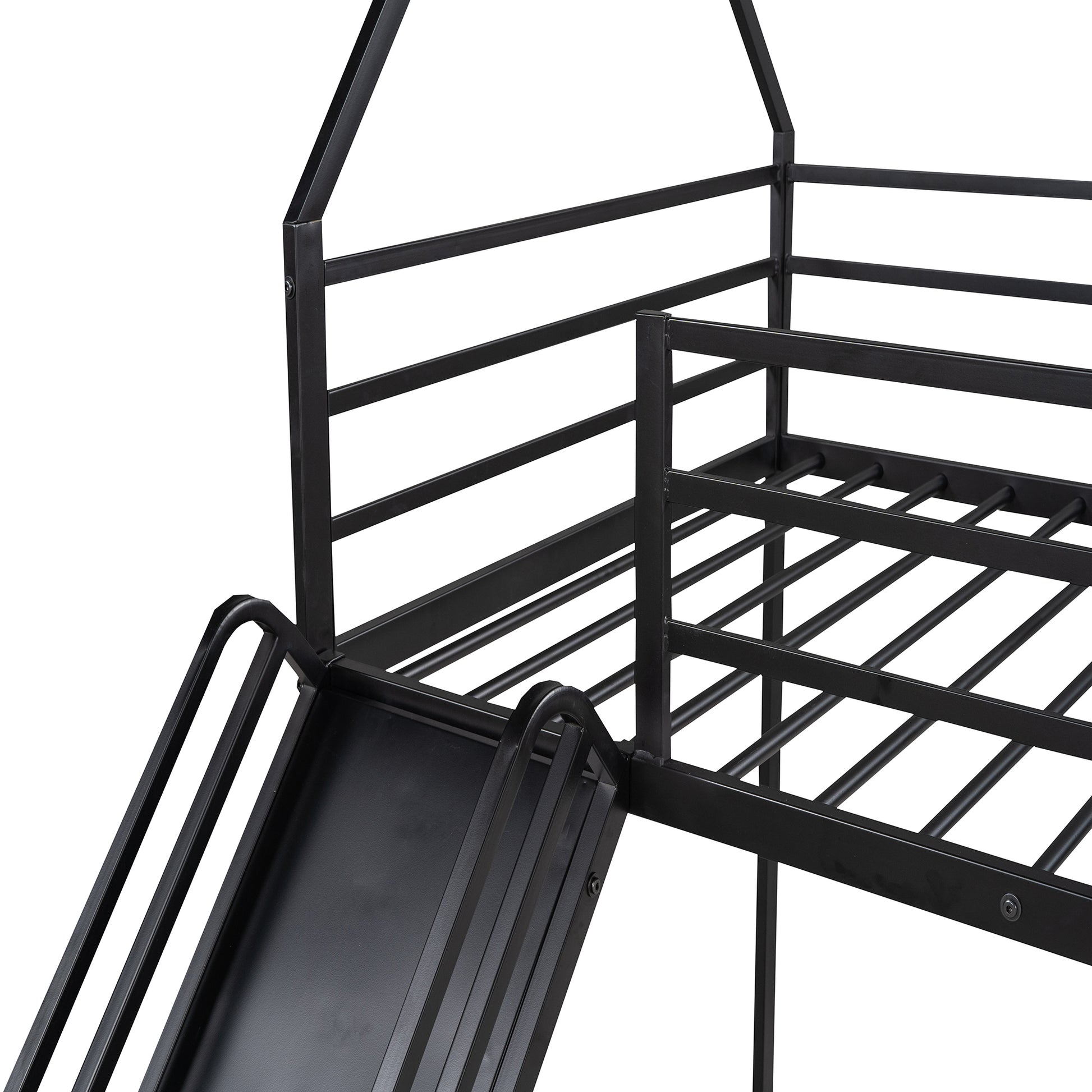 Twin Over Twin House Bunk Bed With Ladder And Slide,Black Black Metal