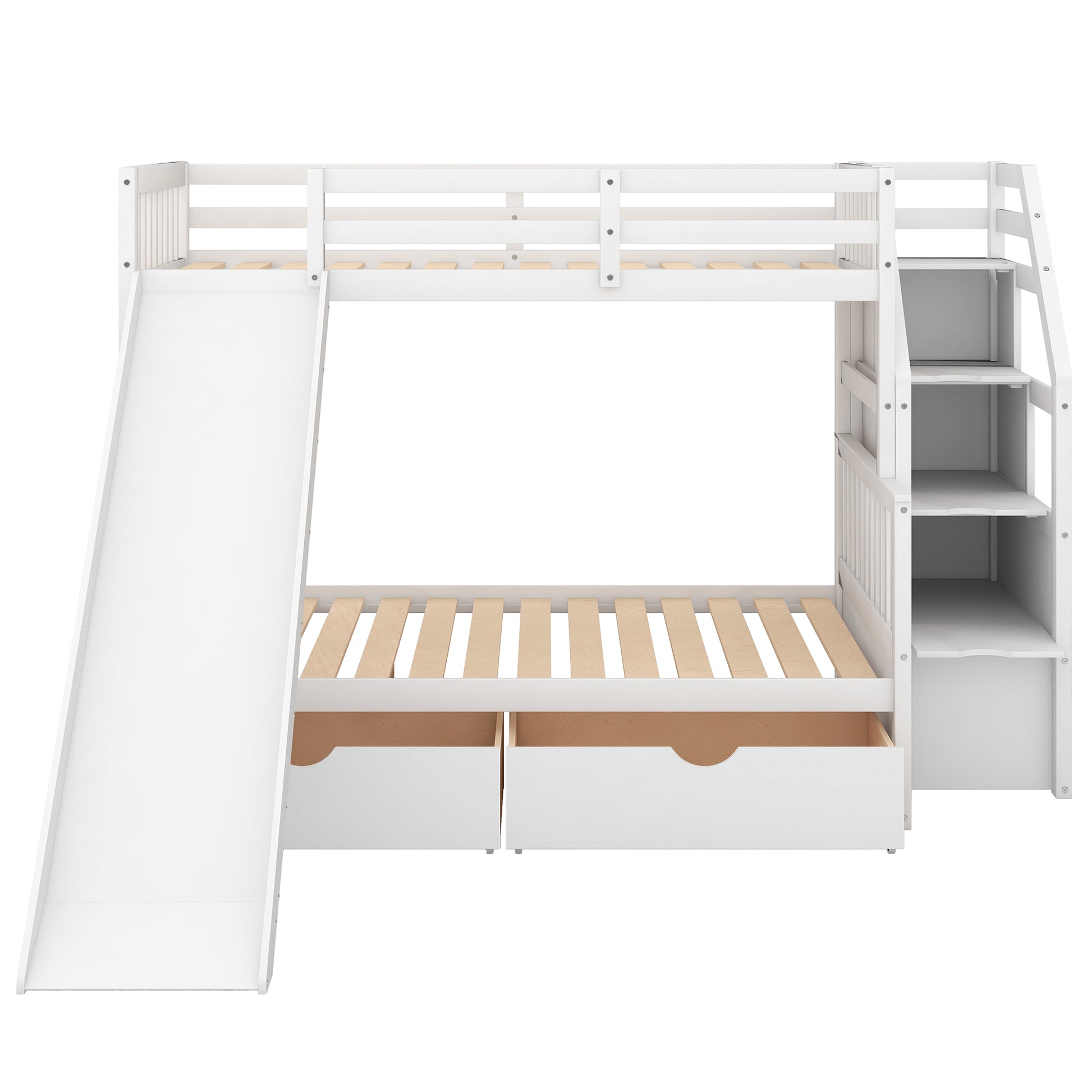 Twin Over Full Bunk Bed With Drawers,Storage And Slide, Multifunction, White Twin Box Spring Not Required White Pine