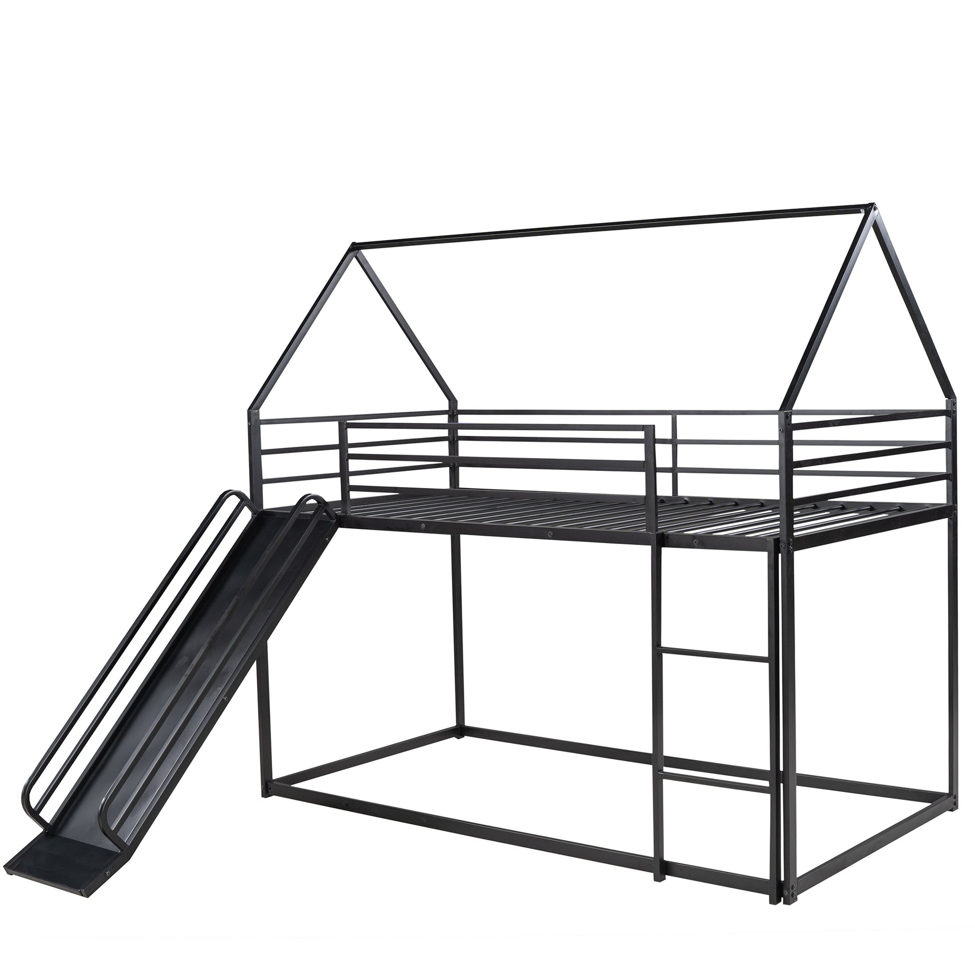 Twin Over Twin House Bunk Bed With Ladder And Slide,Black Black Metal