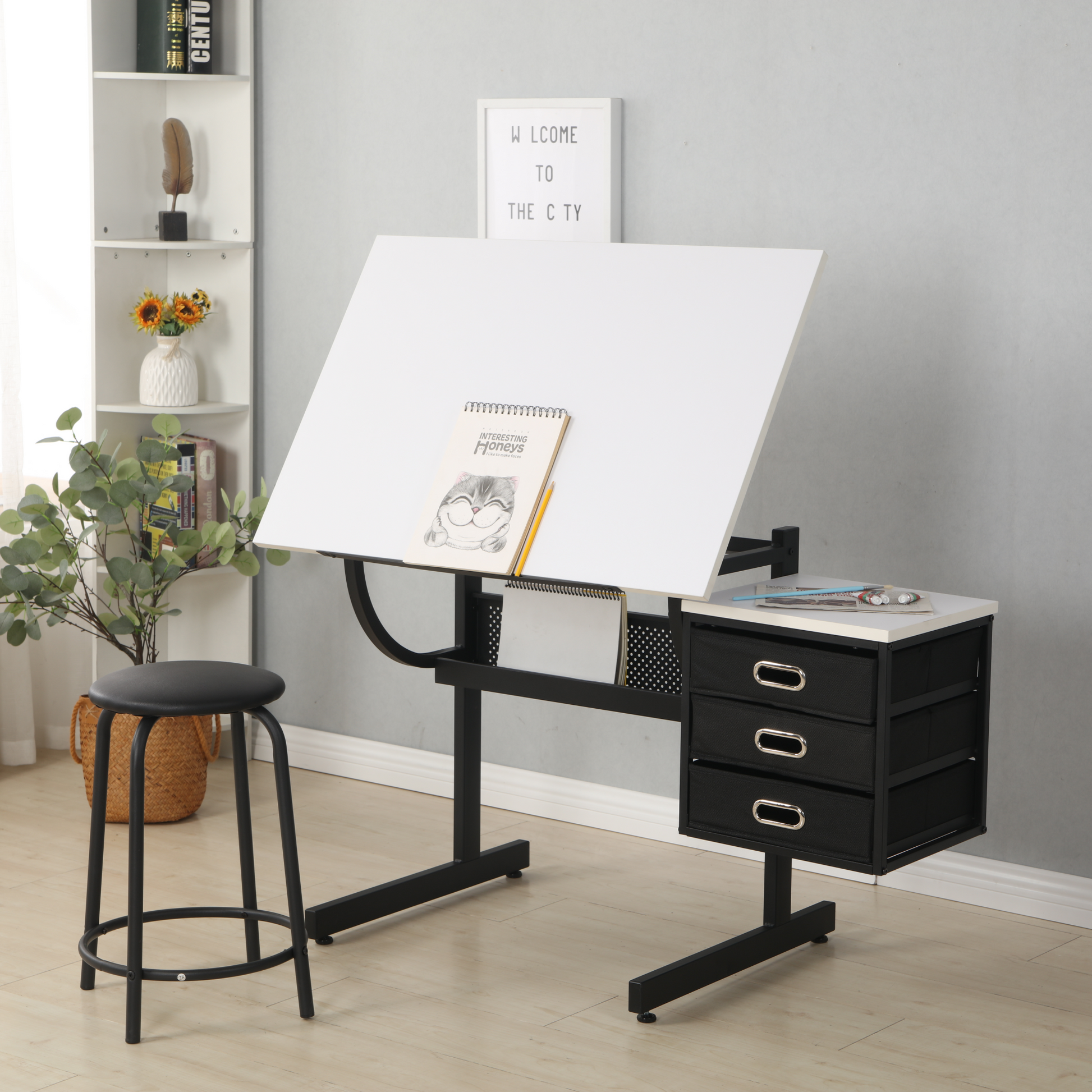 White Adjustable Drafting Drawing Table With Stool And 3 Drawers White Steel