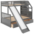 Twin Over Full Bunk Bed With Drawers,Storage And Slide, Multifunction, Gray Twin Box Spring Not Required Gray Pine