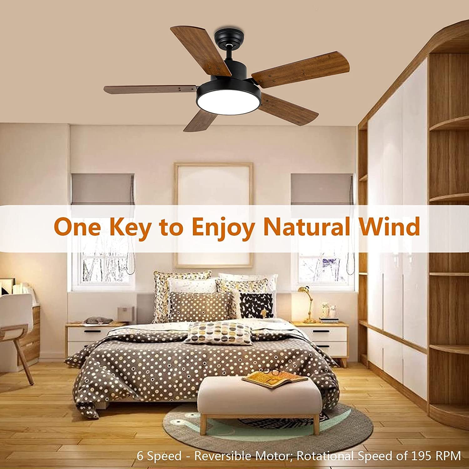 Simple Deluxe 44 Inch Ceiling Fan With Led Light And Remote Control, 6 Speed Modes, 2 Rotating Modestimer Brown Solid Wood