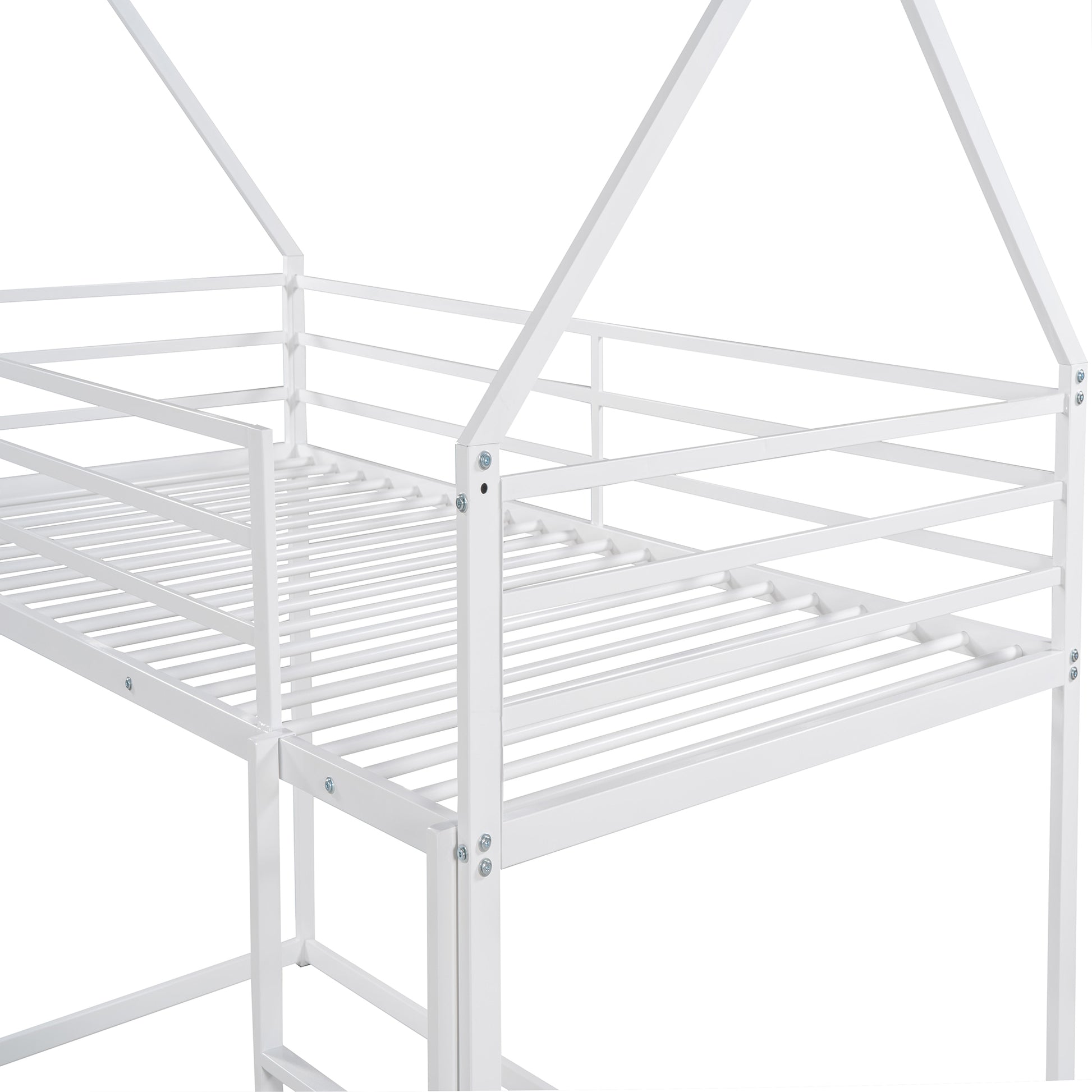 Twin Over Twin House Bunk Bed With Built In Ladder,White White Metal