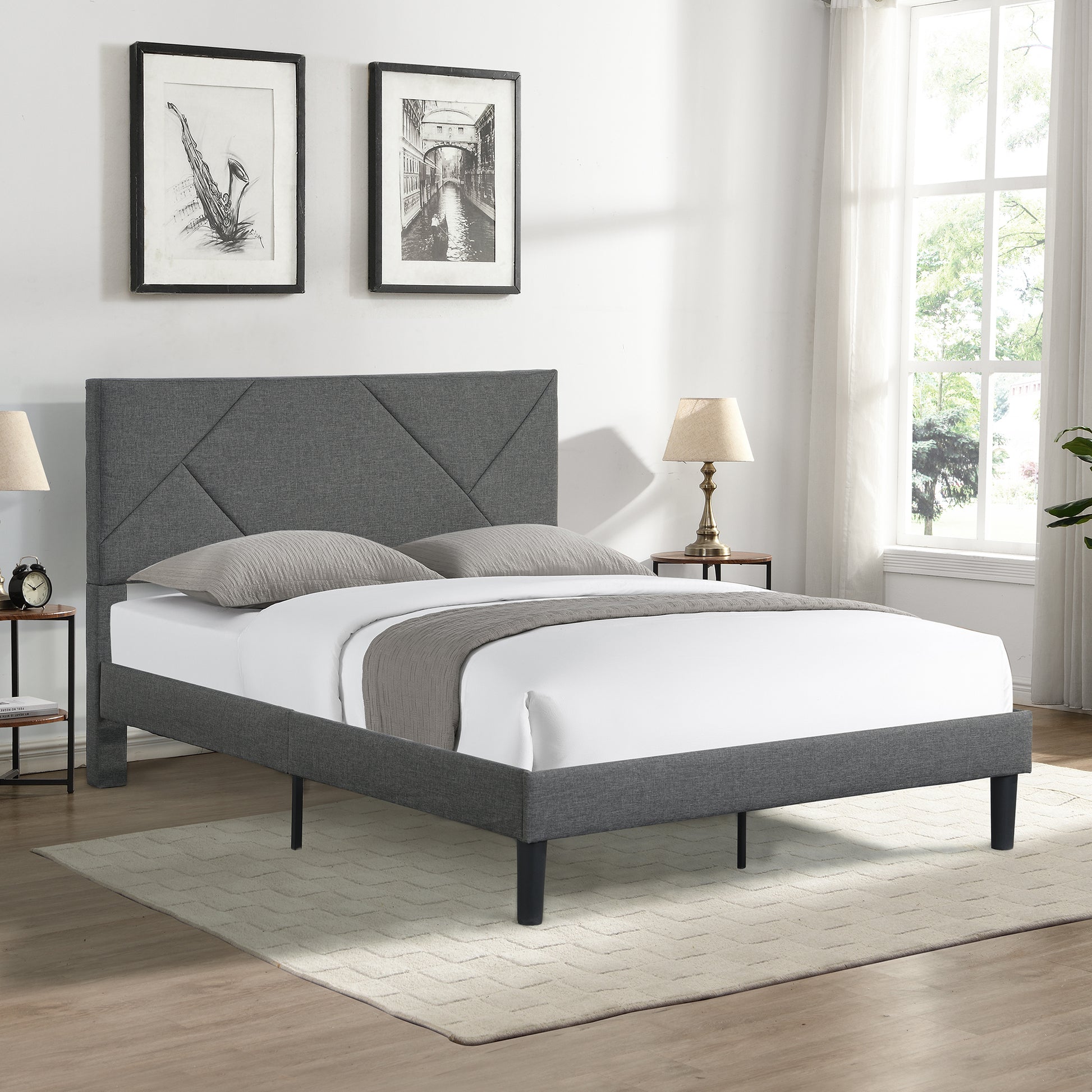 Full Size Upholstered Platform Bed Frame With Headboard, Strong Wood Slat Support, Mattress Foundation, No Box Spring Needed, Easy Assembly, Gray Gray Fabric