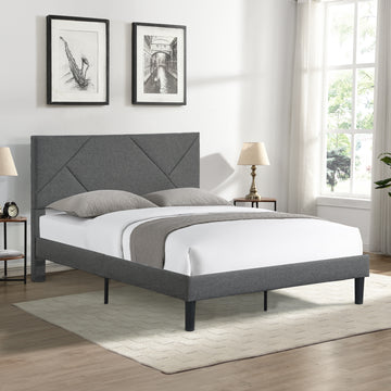 Full Size Upholstered Platform Bed Frame With Headboard, Strong Wood Slat Support, Mattress Foundation, No Box Spring Needed, Easy Assembly, Gray Gray Fabric