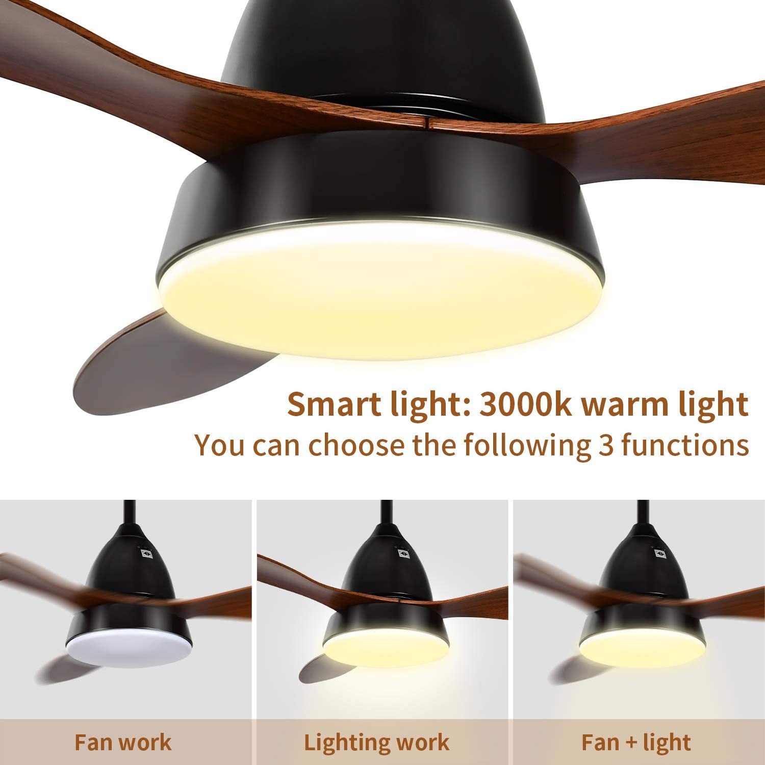 Ankee Ceiling Fans, 52'' Ceiling Fan With Led Frosted Light And Remote Control, Brushed Nickel Finish Blades For Living Room Kitchen Bedroom Dining Room, Brown Black Brown Solid Wood