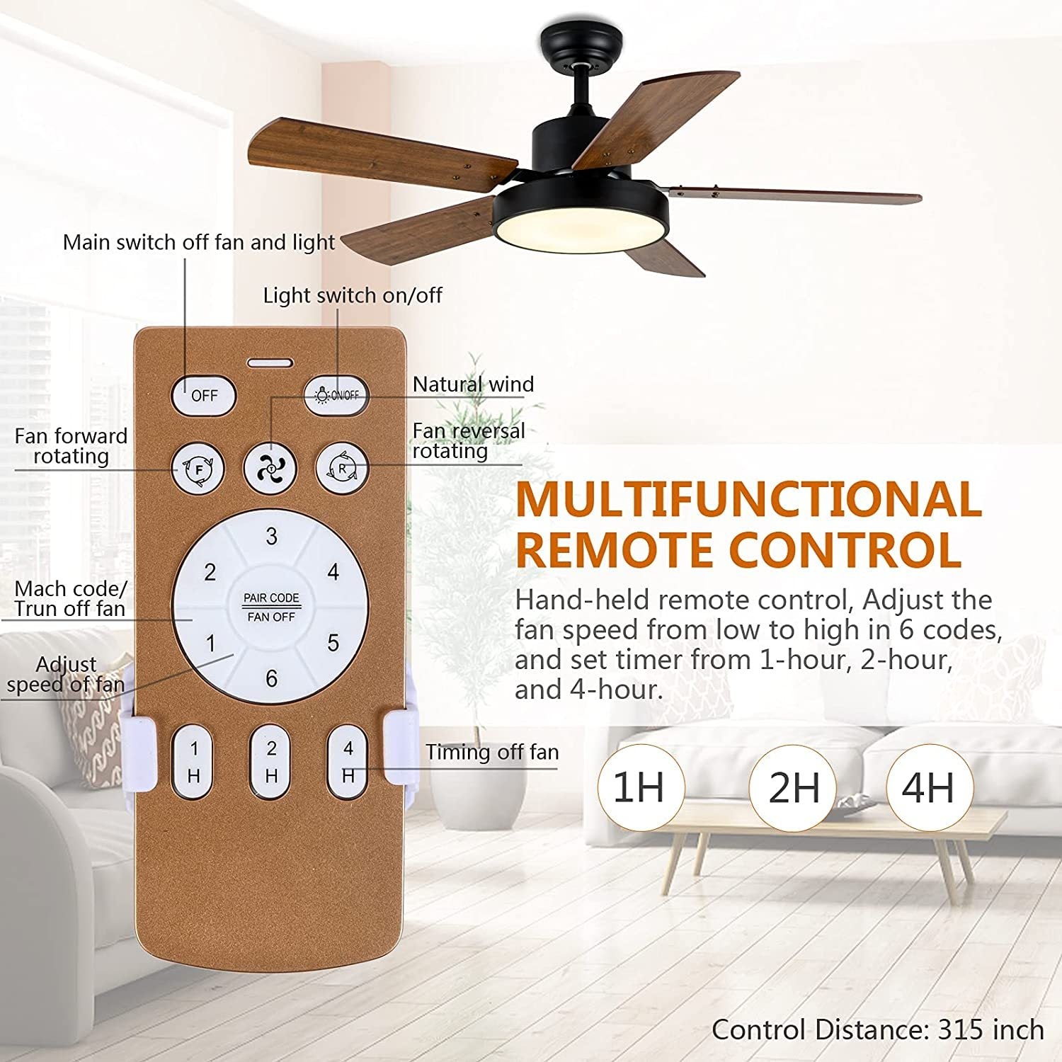 Simple Deluxe 44 Inch Ceiling Fan With Led Light And Remote Control, 6 Speed Modes, 2 Rotating Modestimer Brown Solid Wood