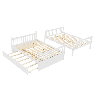 Full Over Full Bunk Bed With Trundle, Convertible To 2 Full Size Platform Bed, Full Size Bunk Bed With Ladder And Safety Rails For Kids, Teens, Adults,White Old Sku:W504S00002 White Pine