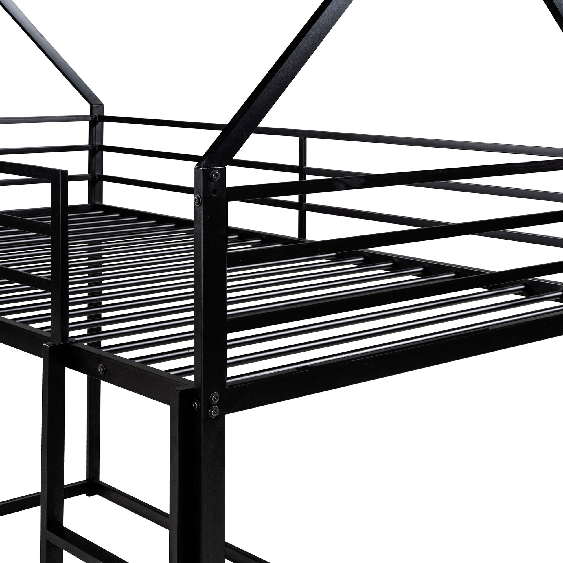 Twin Over Twin House Bunk Bed With Built In Ladder,Black Black Metal