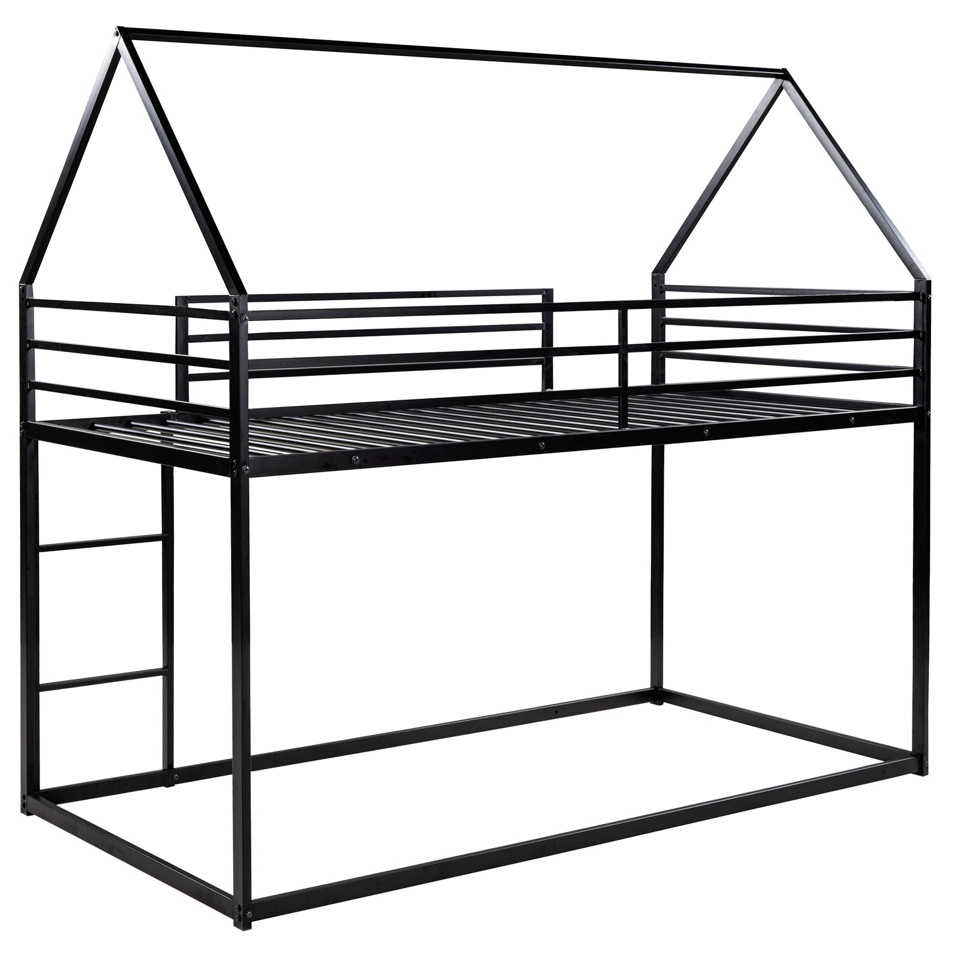 Twin Over Twin House Bunk Bed With Built In Ladder,Black Black Metal