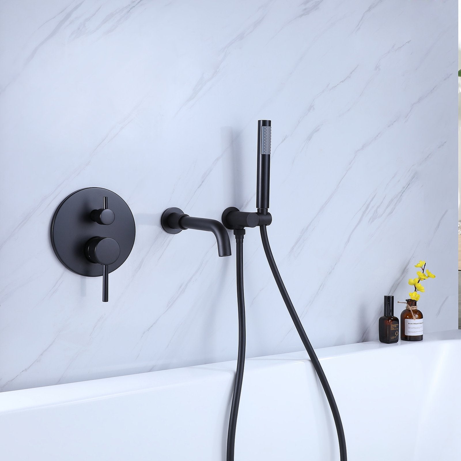 2 Handle Tub Spot Wall Mount Rain Mixer Shower Faucet Tub And Shower Faucet With Hand Shower In Black Valve Included Matte Black Brass