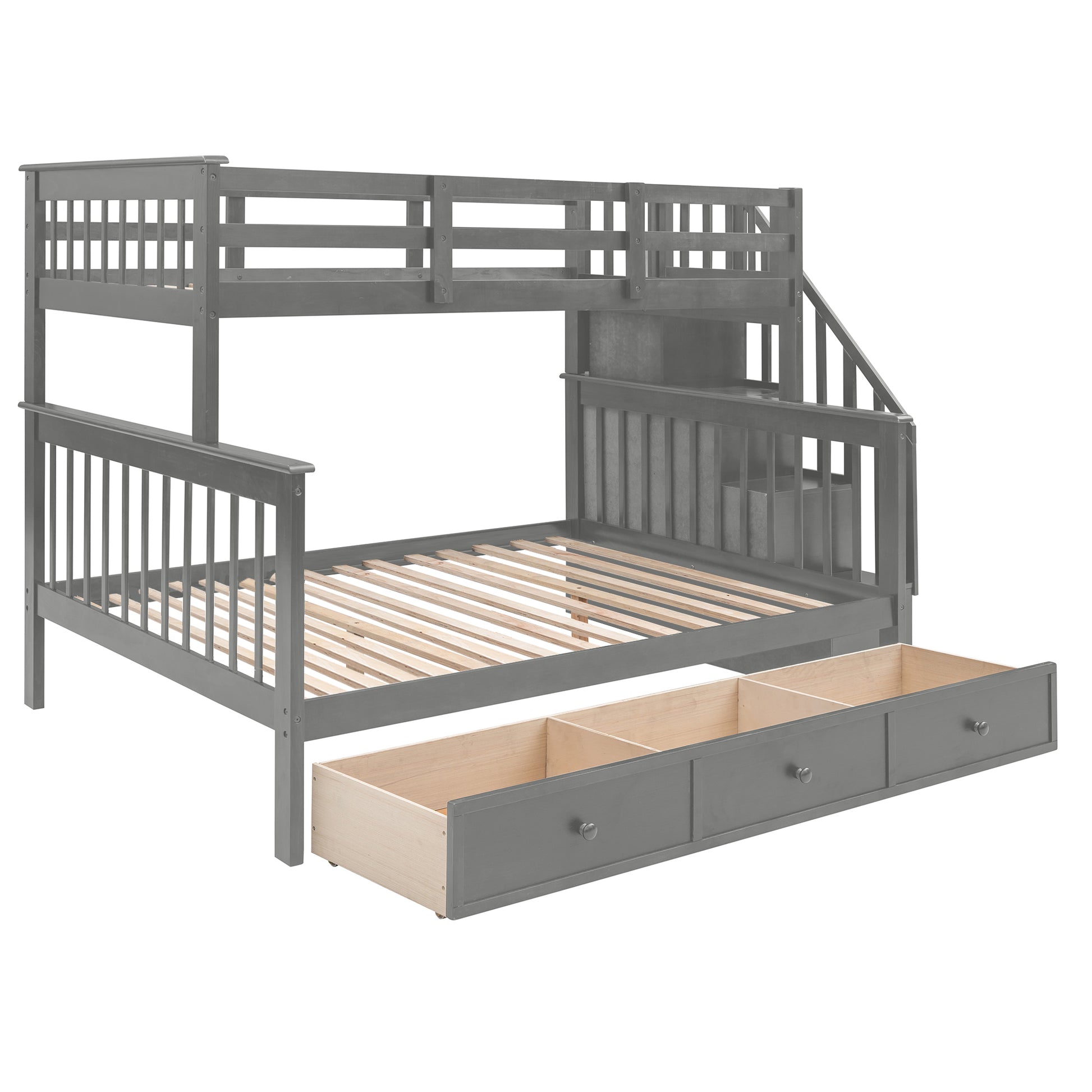 Stairway Twin Over Full Bunk Bed With Drawer, Storage And Guard Rail For Bedroom, Dorm, For Adults, Gray Color Old Sku: Lp000219Aae Gray Solid Wood