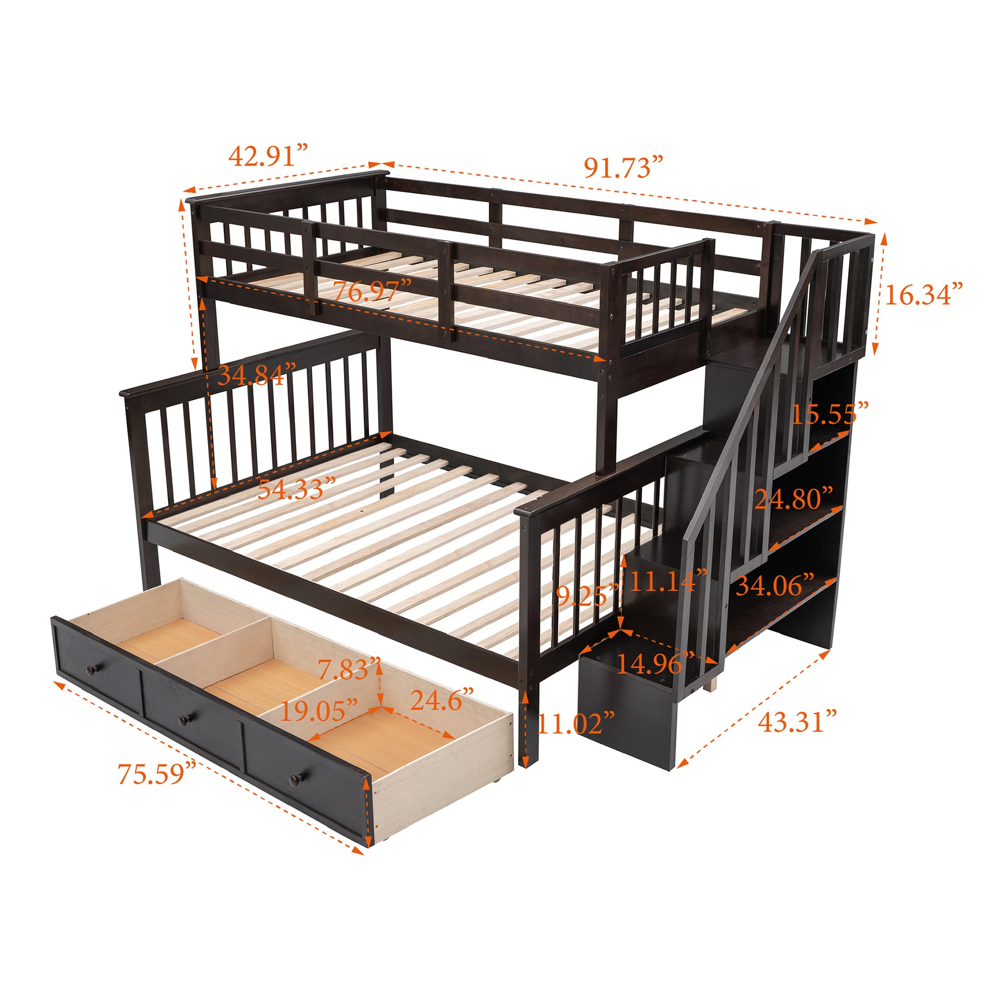 Stairway Twin Over Full Bunk Bed With Drawer, Storage And Guard Rail For Bedroom, Dorm, For Adults, Espresso Color Old Sku: Lp000219Aap Espresso Solid Wood