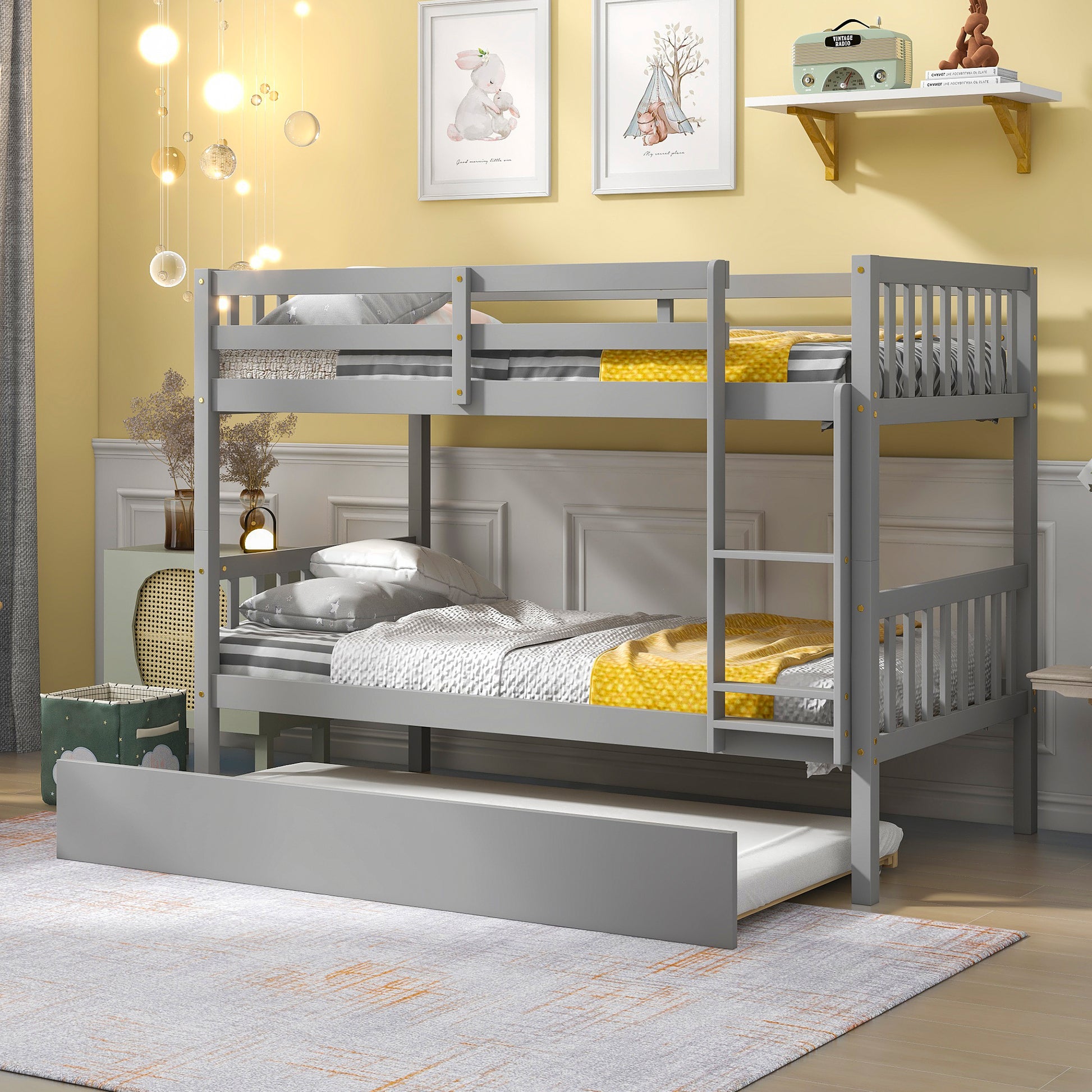 Twin Over Twin Bunk Beds With Trundle, Solid Wood Trundle Bed Frame With Safety Rail And Ladder, Kids Teens Bedroom, Guest Room Furniture, Can Be Converted Into 2 Beds,Grey Old Sku:W504S00027 Grey Pine