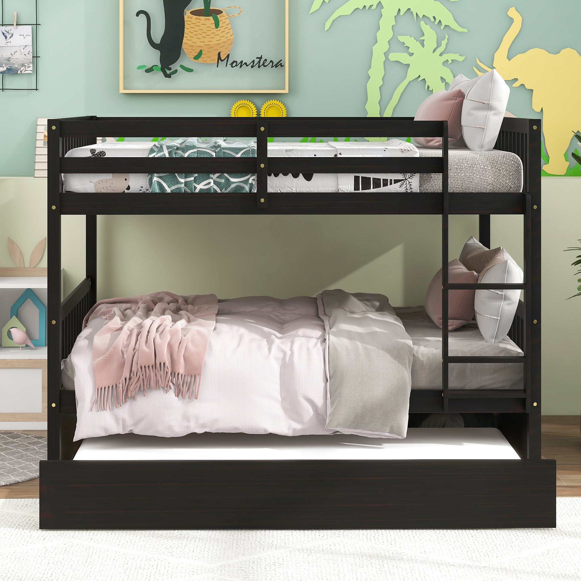 Full Over Full Bunk Bed With Trundle,Espresso Espresso Pine