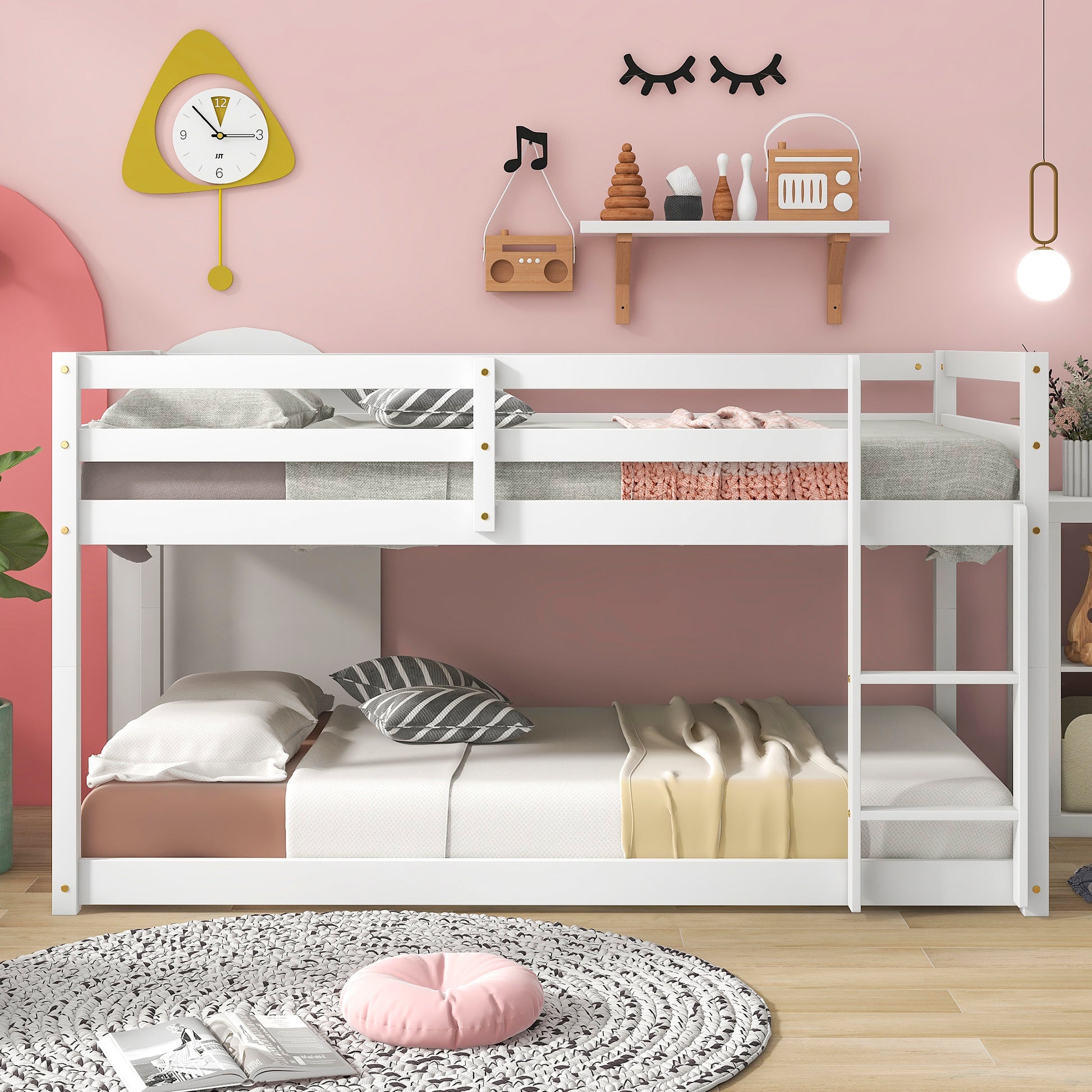 Twin Over Twin Floor Bunk Bed, White Sku:W504P148538 Twin White Pine