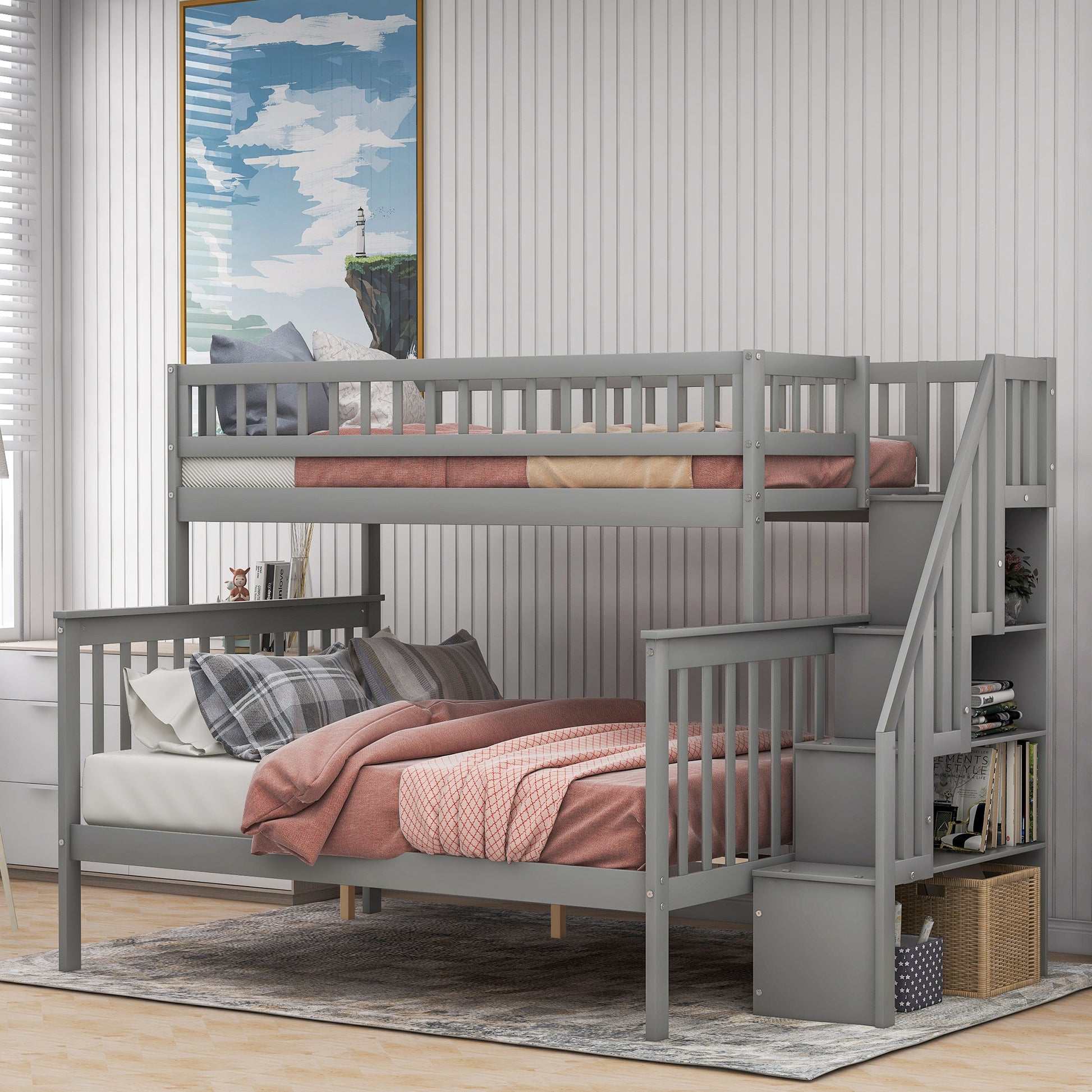 Twin Over Full Stairway Bunk Bed With Storage, Gray Twin Gray Pine