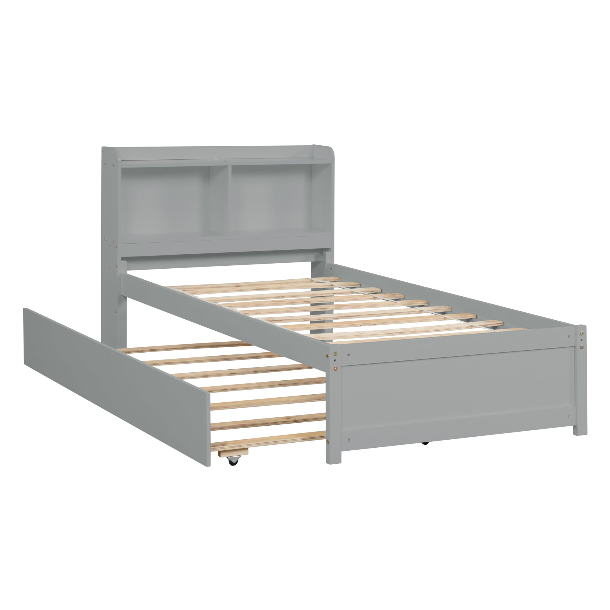 Twin Bed With Trundle,Bookcase,Grey Grey Pine