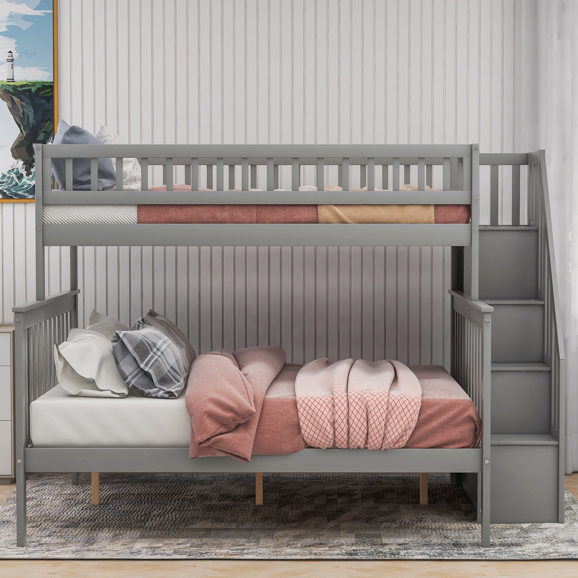 Twin Over Full Stairway Bunk Bed With Storage, Gray Twin Gray Pine