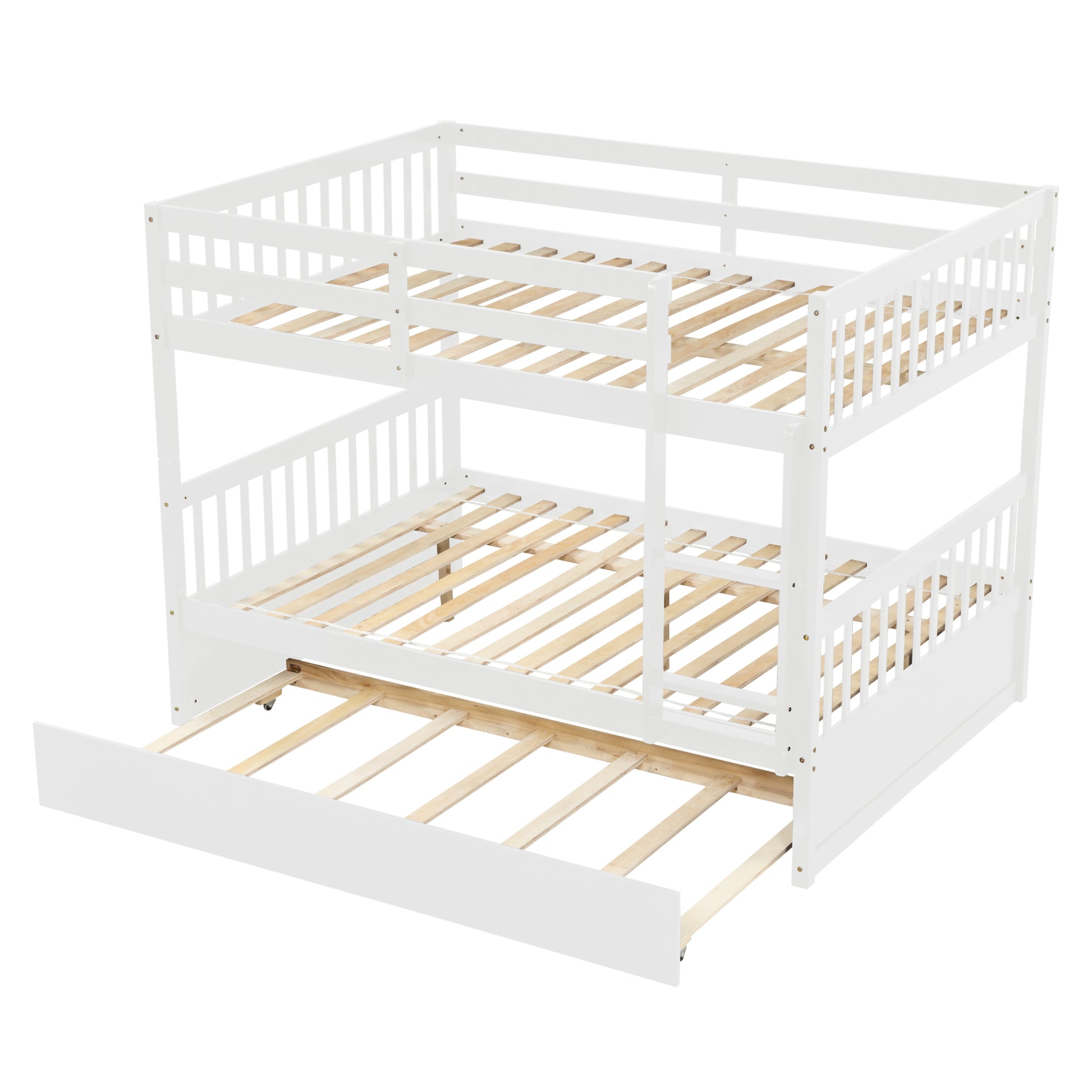 Full Over Full Bunk Bed With Trundle, Convertible To 2 Full Size Platform Bed, Full Size Bunk Bed With Ladder And Safety Rails For Kids, Teens, Adults,White Old Sku:W504S00002 White Pine