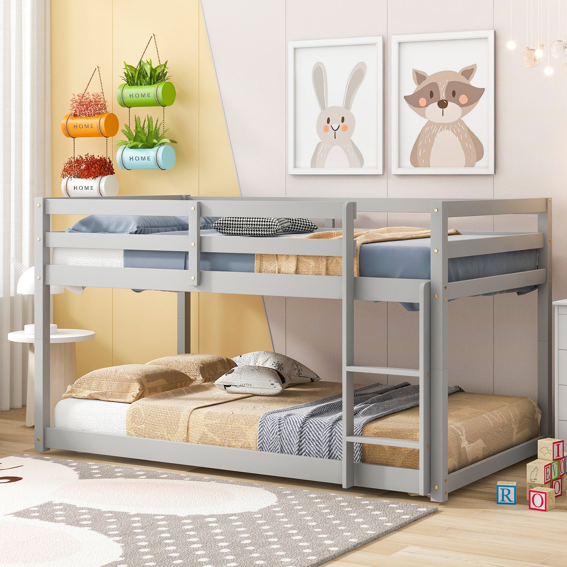 Twin Over Twin Floor Bunk Bed,Grey Old Sku:W50437208 Twin Grey Pine