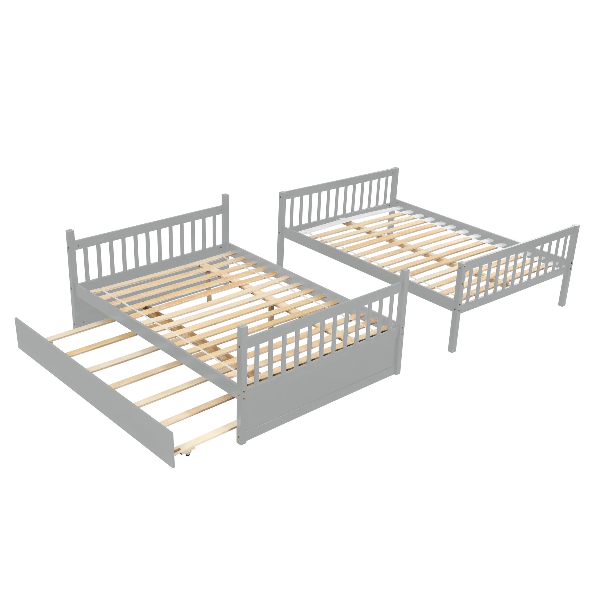 Full Over Full Bunk Bed With Trundle, Convertible To 2 Full Size Platform Bed, Full Size Bunk Bed With Ladder And Safety Rails For Kids, Teens, Adults,Grey Old Sku:W504S00003 Grey Pine