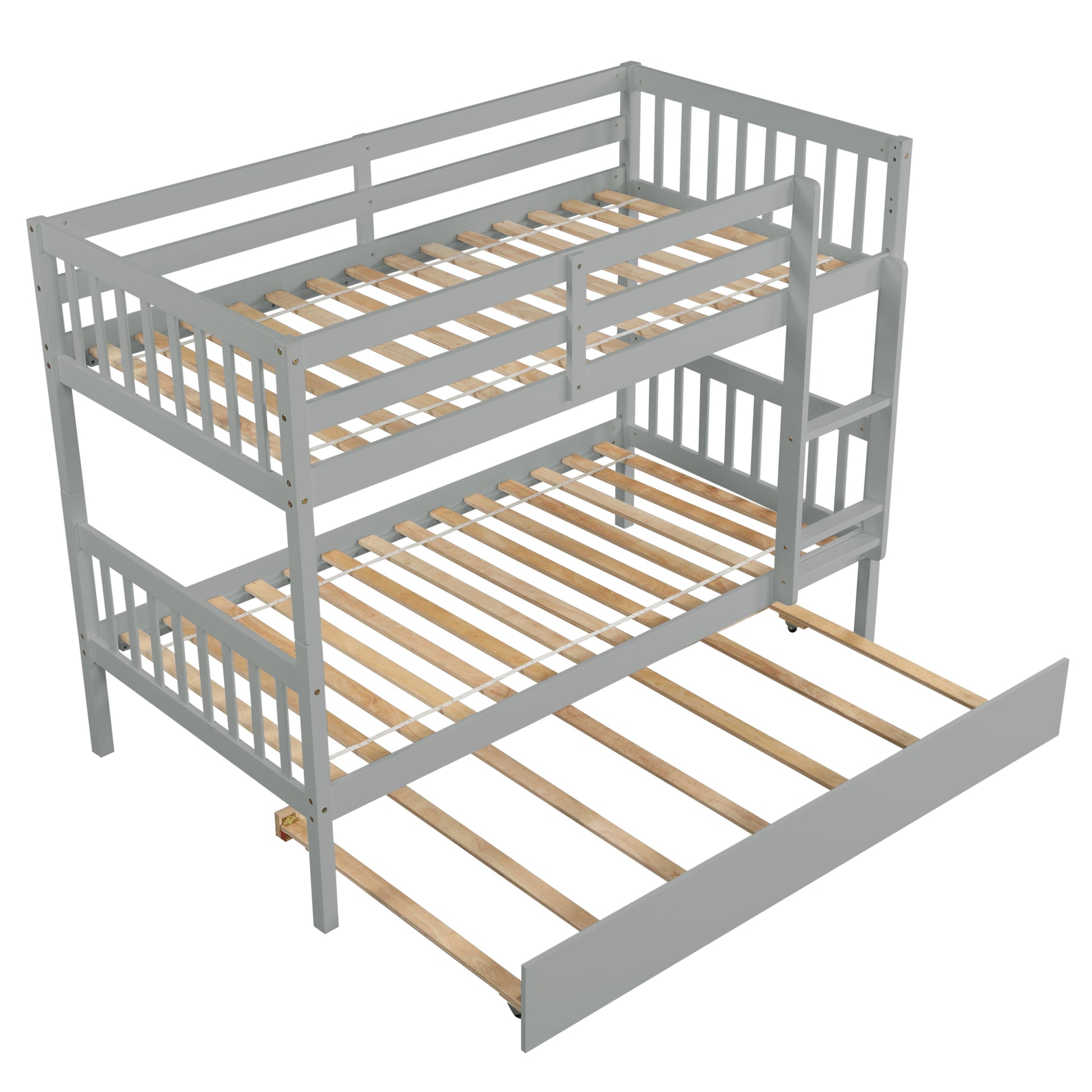 Twin Over Twin Bunk Beds With Trundle, Solid Wood Trundle Bed Frame With Safety Rail And Ladder, Kids Teens Bedroom, Guest Room Furniture, Can Be Converted Into 2 Beds,Grey Old Sku:W504S00027 Grey Pine