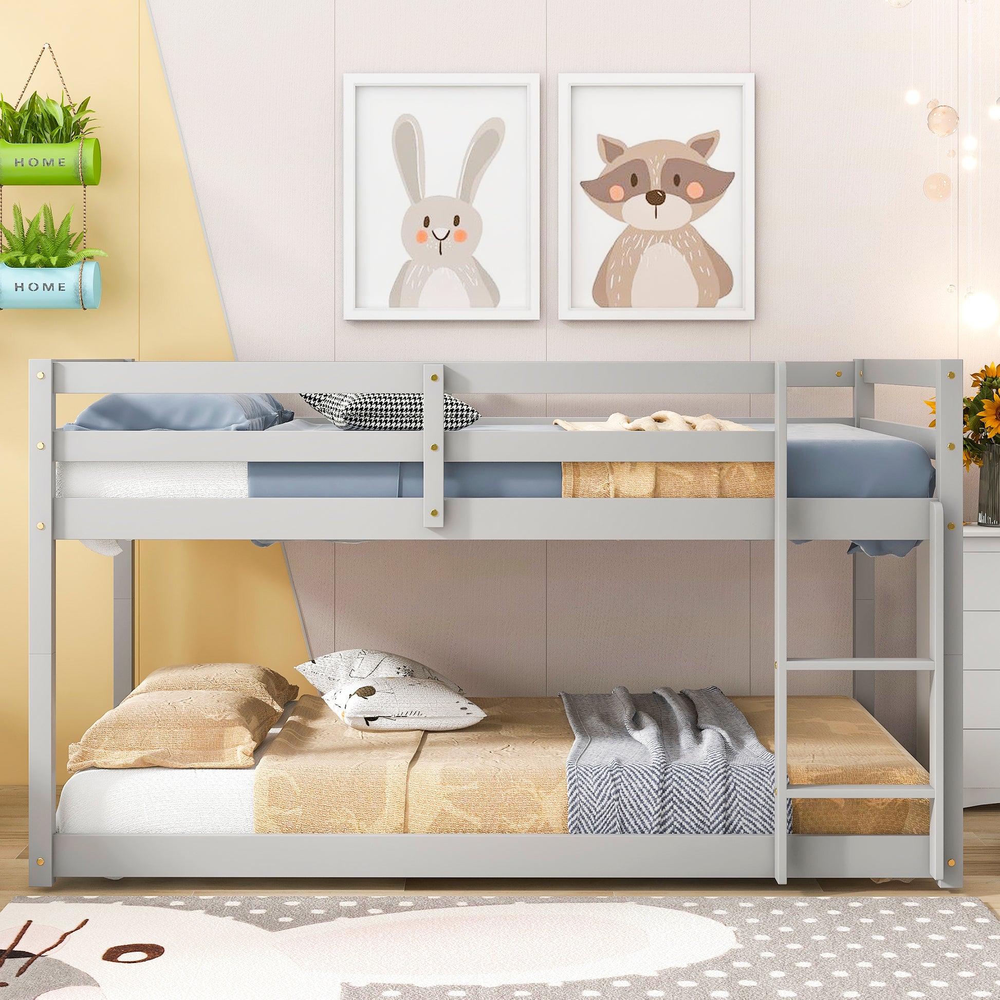 Twin Over Twin Floor Bunk Bed,Grey Old Sku:W50437208 Twin Grey Pine