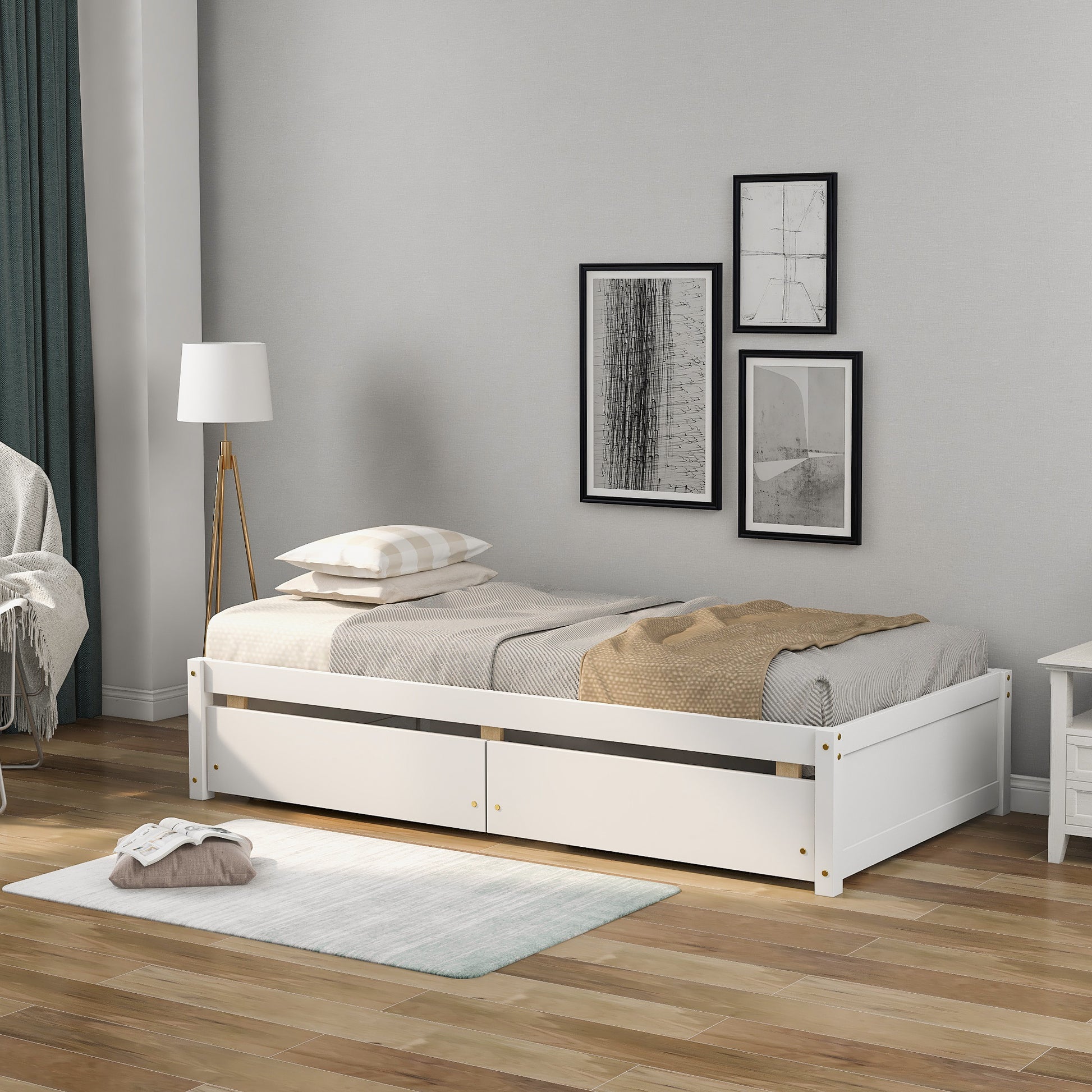 Twin Bed With 2 Drawers, Solid Wood, No Box Spring Needed , Old Sku:W50422209 Twin White Pine