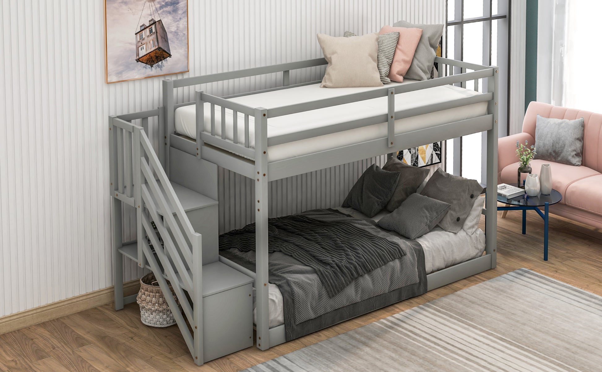 Twin Over Twin Floor Bunk Bed, Ladder With Storage, Gray Twin Gray Pine