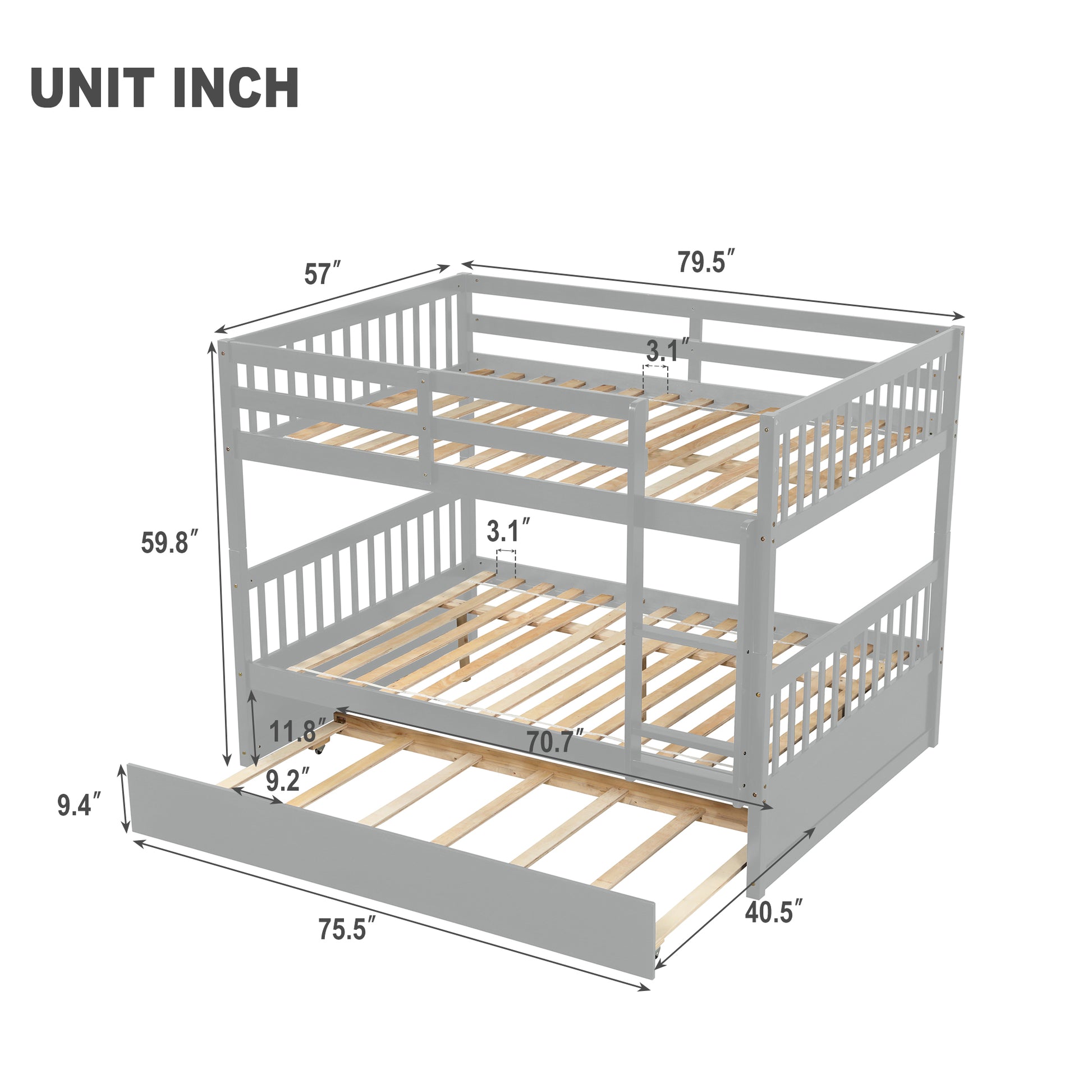 Full Over Full Bunk Bed With Trundle, Convertible To 2 Full Size Platform Bed, Full Size Bunk Bed With Ladder And Safety Rails For Kids, Teens, Adults,Grey Old Sku:W504S00003 Grey Pine