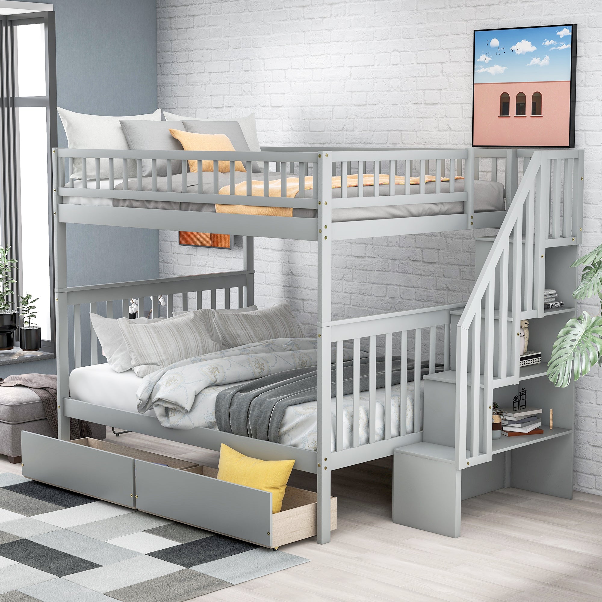 Full Over Full Bunk Bed With Two Drawers And Storage, Gray Gray Pine