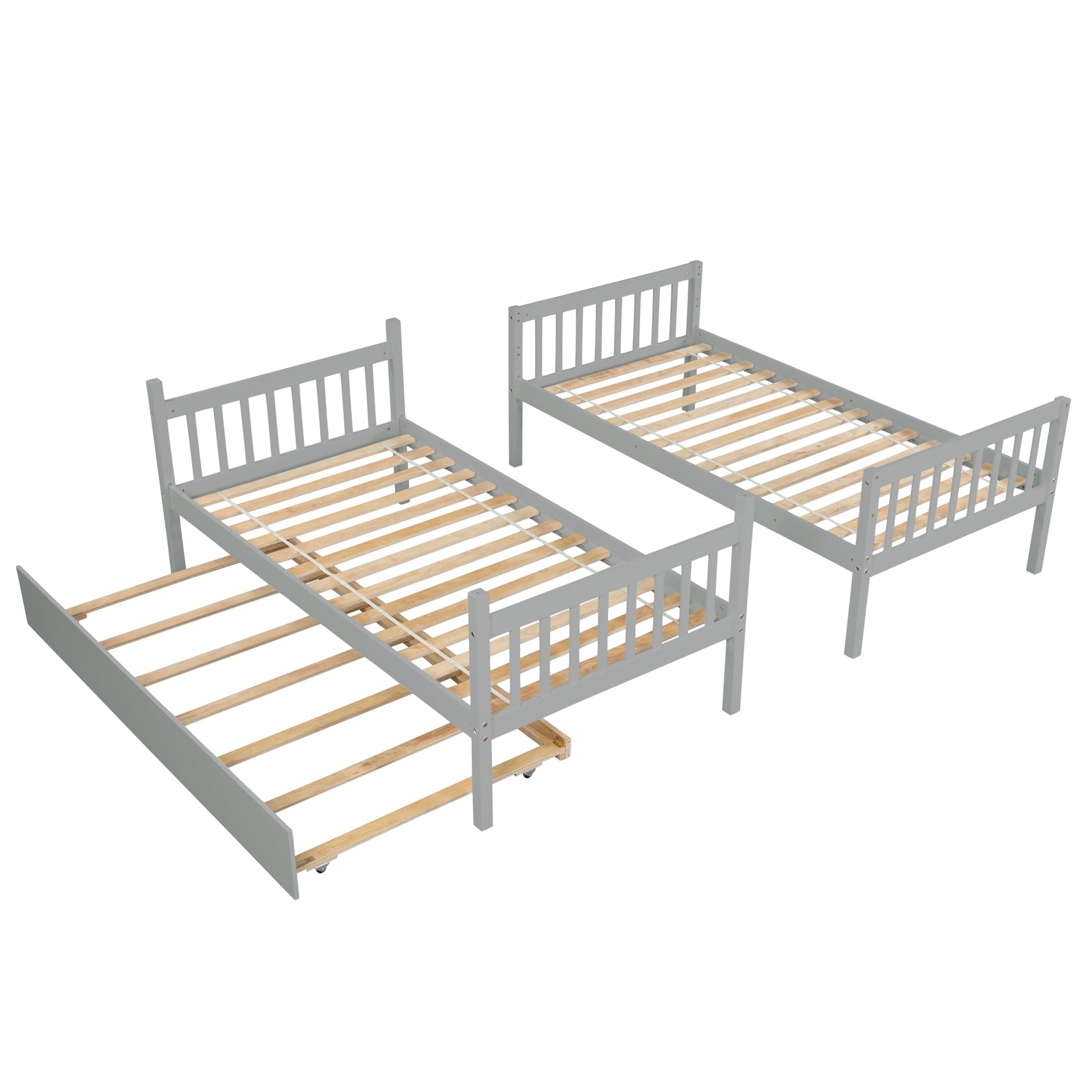 Twin Over Twin Bunk Beds With Trundle, Solid Wood Trundle Bed Frame With Safety Rail And Ladder, Kids Teens Bedroom, Guest Room Furniture, Can Be Converted Into 2 Beds,Grey Old Sku:W504S00027 Grey Pine