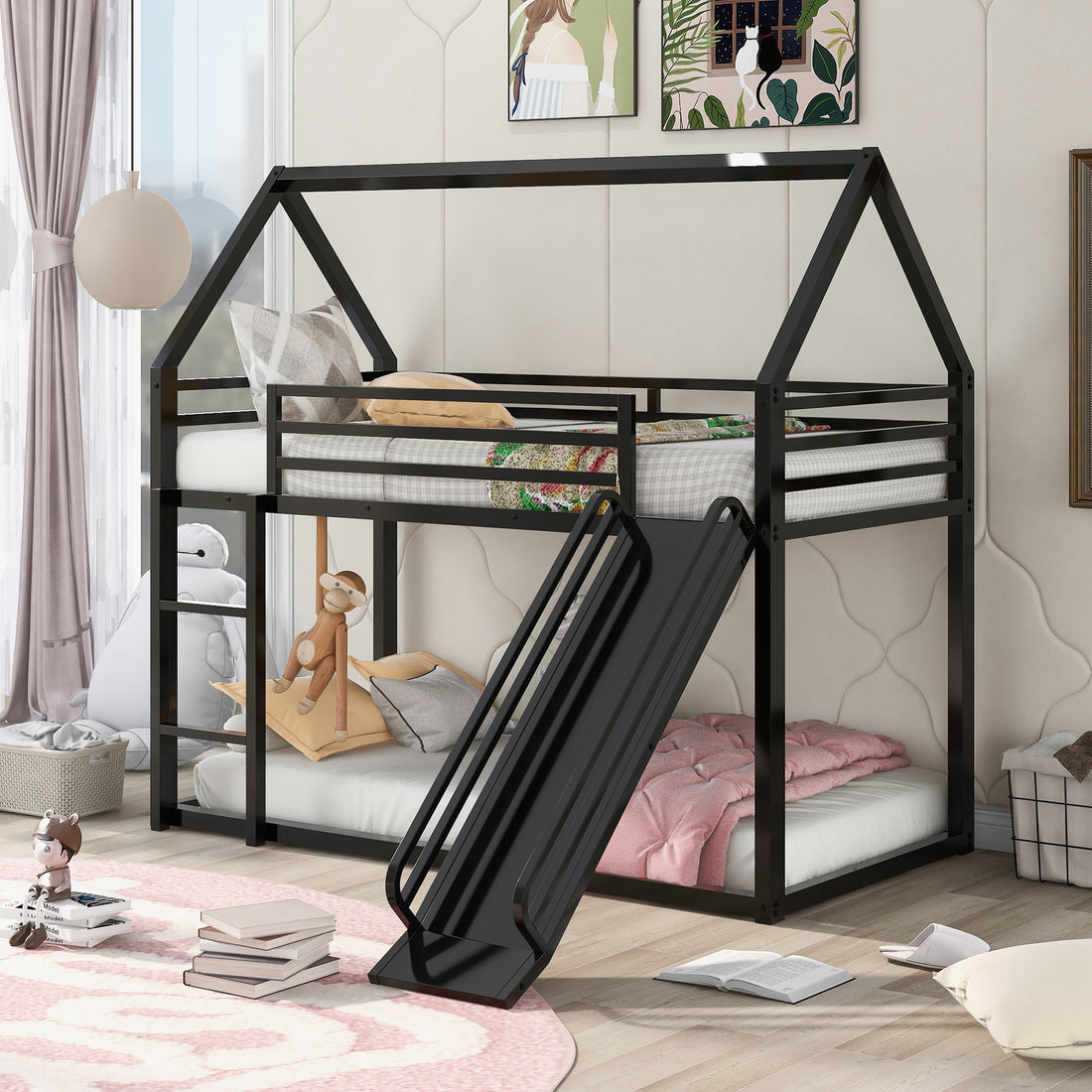 Twin Over Twin House Bunk Bed With Ladder And Slide,Black Black Metal