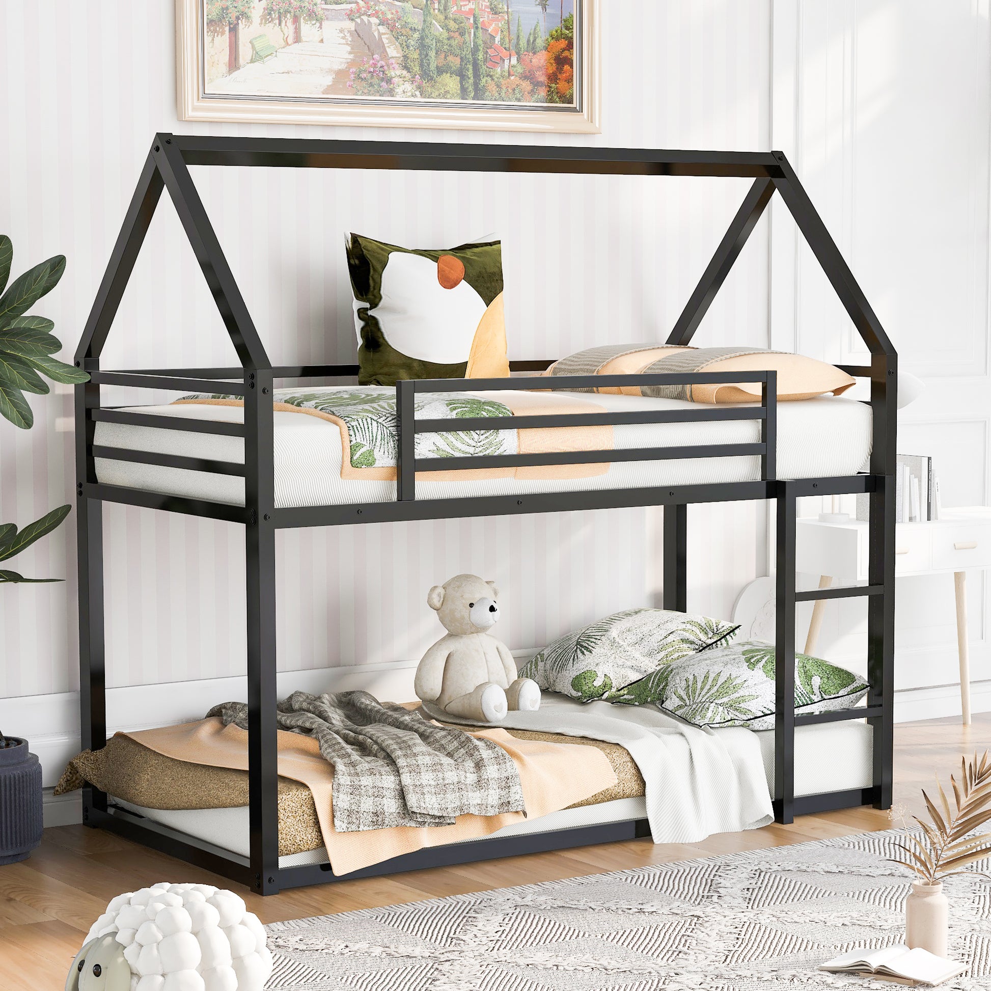 Twin Over Twin House Bunk Bed With Built In Ladder,Black Black Metal