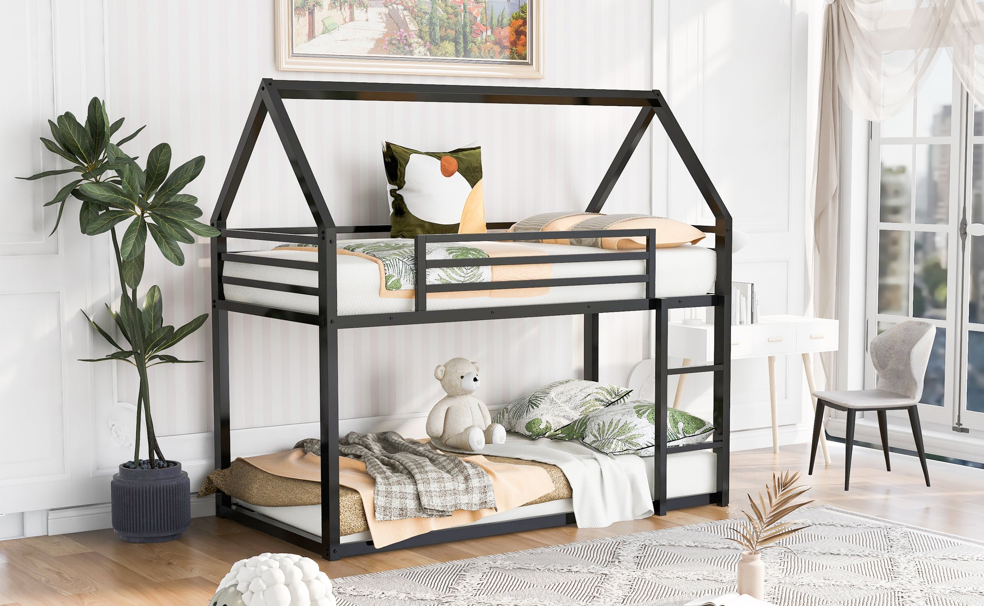 Twin Over Twin House Bunk Bed With Built In Ladder,Black Black Metal