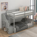 Twin Over Twin Floor Bunk Bed, Ladder With Storage, Gray Twin Gray Pine