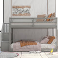 Twin Over Twin Floor Bunk Bed, Ladder With Storage, Gray Twin Gray Pine