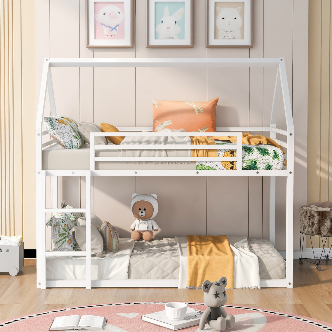 Twin Over Twin House Bunk Bed With Built In Ladder,White White Metal