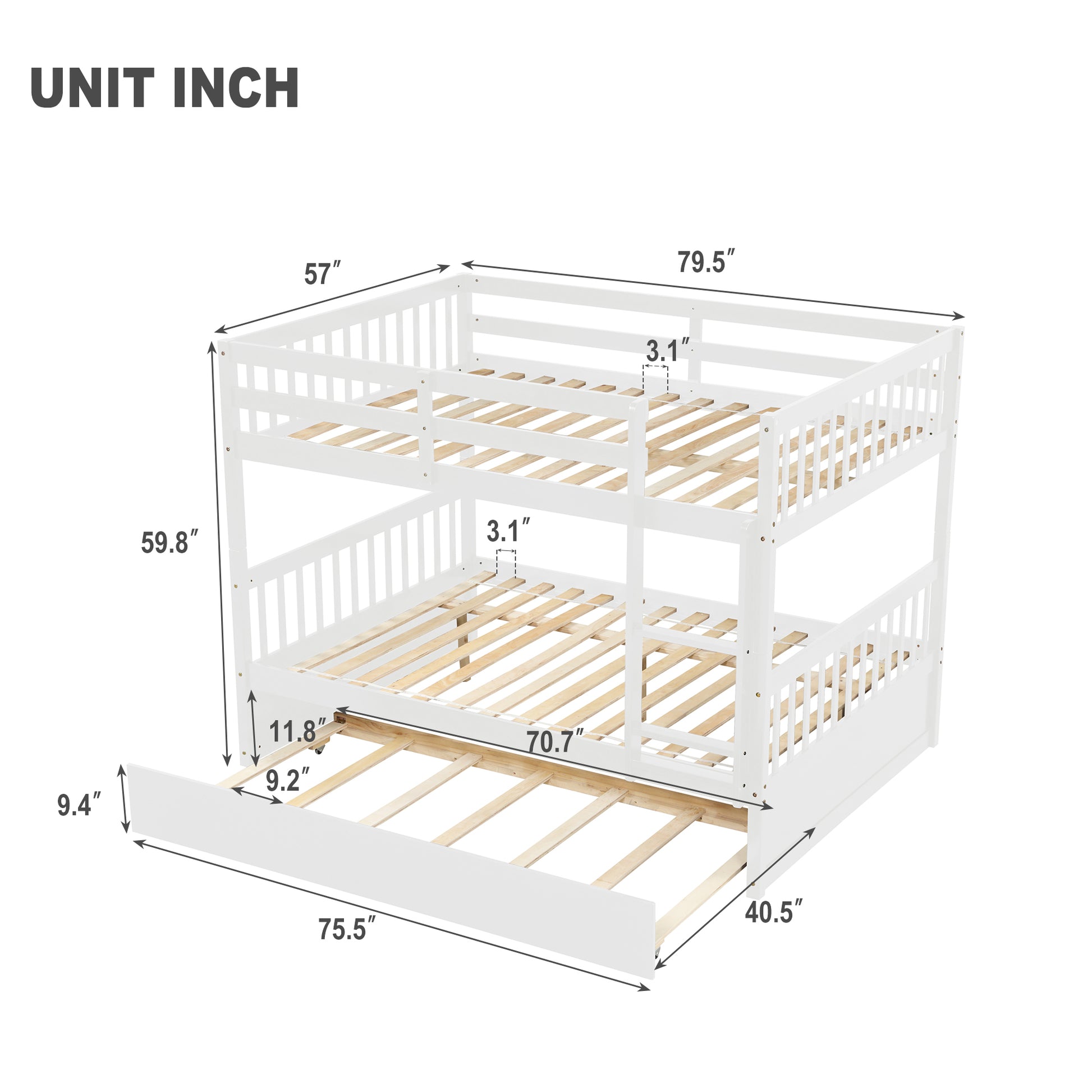 Full Over Full Bunk Bed With Trundle, Convertible To 2 Full Size Platform Bed, Full Size Bunk Bed With Ladder And Safety Rails For Kids, Teens, Adults,White Old Sku:W504S00002 White Pine