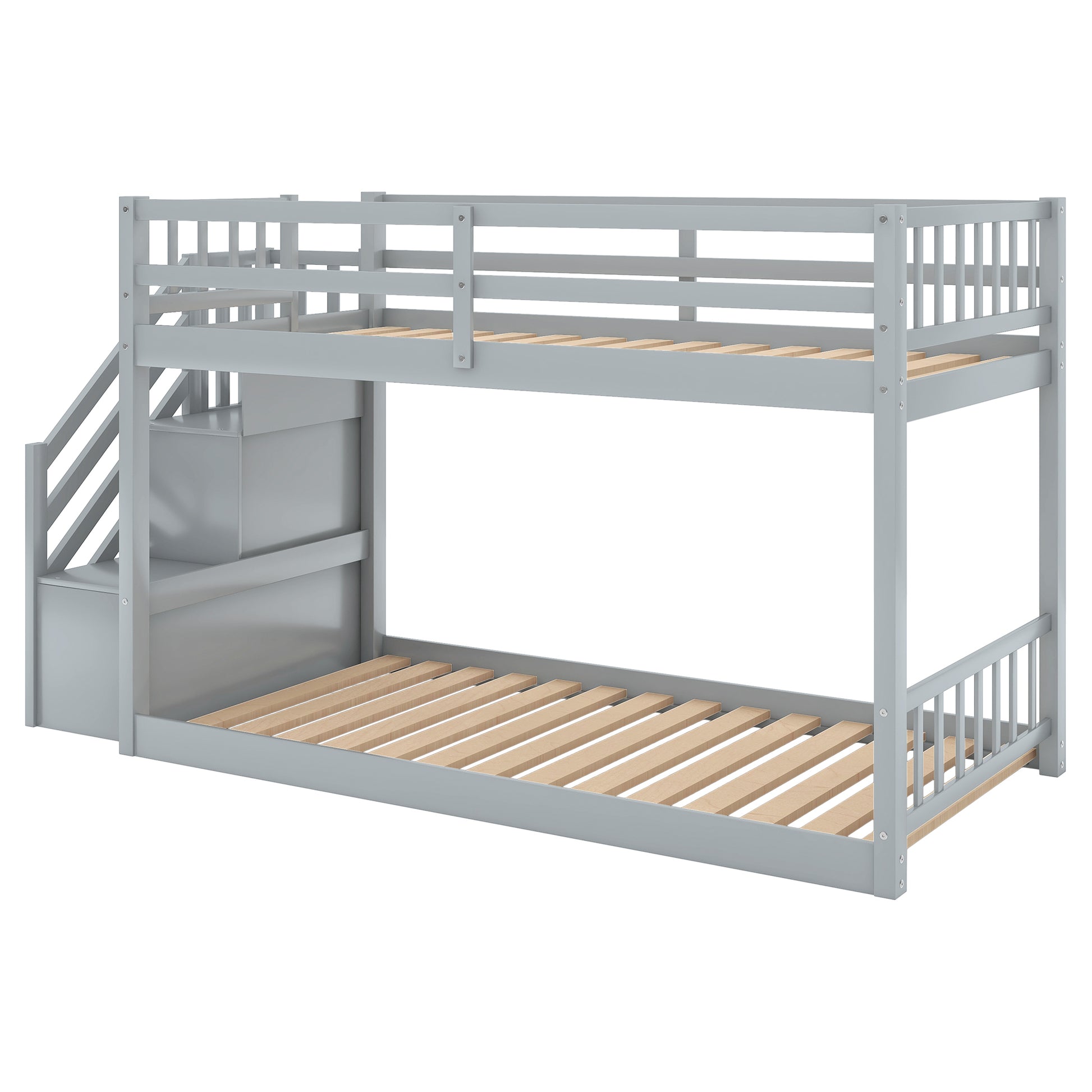 Twin Over Twin Floor Bunk Bed, Ladder With Storage, Gray Twin Gray Pine