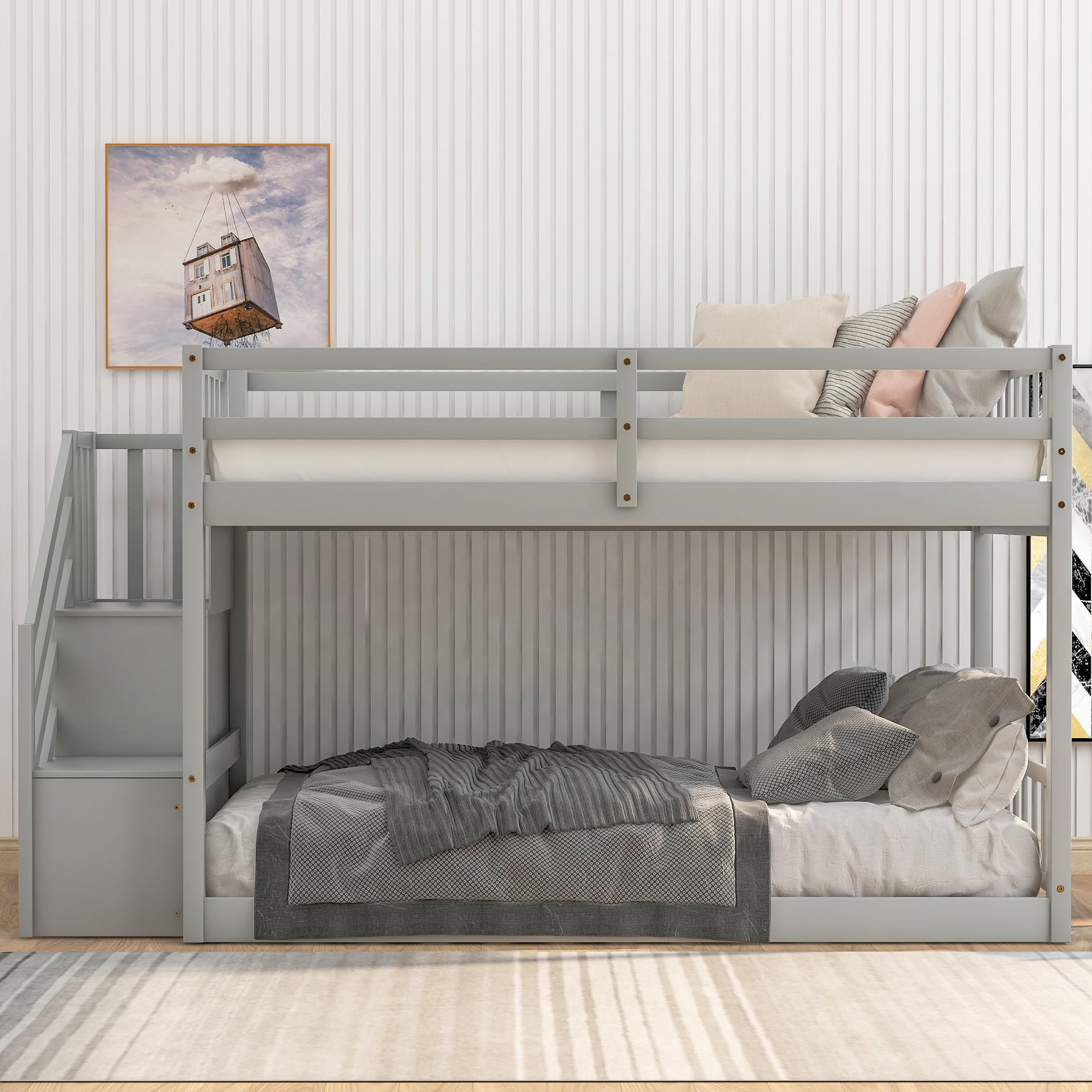 Twin Over Twin Floor Bunk Bed, Ladder With Storage, Gray Twin Gray Pine