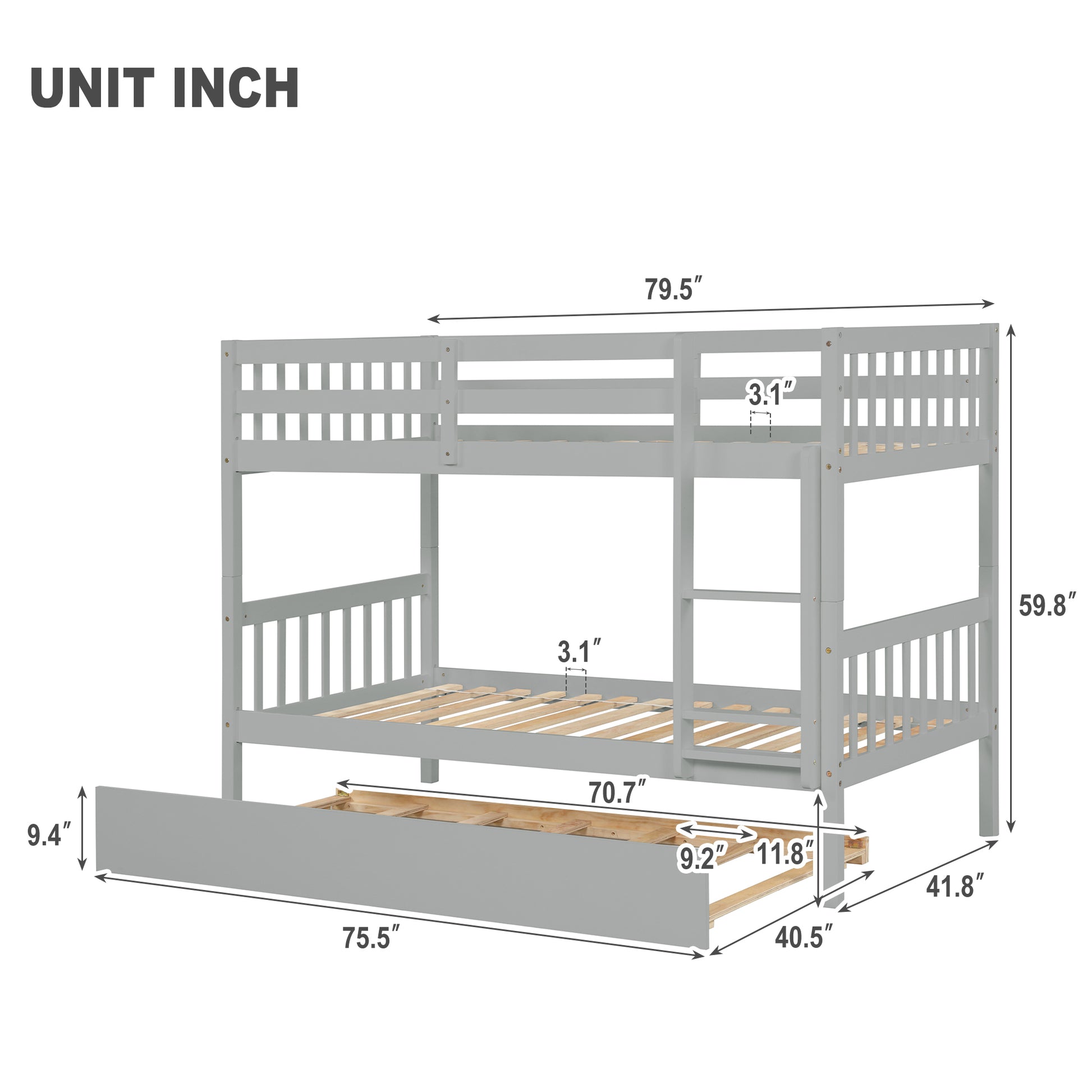 Twin Over Twin Bunk Beds With Trundle, Solid Wood Trundle Bed Frame With Safety Rail And Ladder, Kids Teens Bedroom, Guest Room Furniture, Can Be Converted Into 2 Beds,Grey Old Sku:W504S00027 Grey Pine