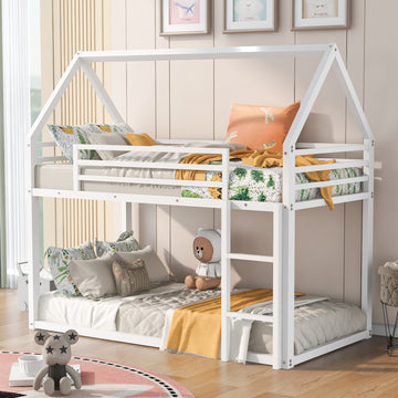 Twin Over Twin House Bunk Bed With Built In Ladder,White White Metal