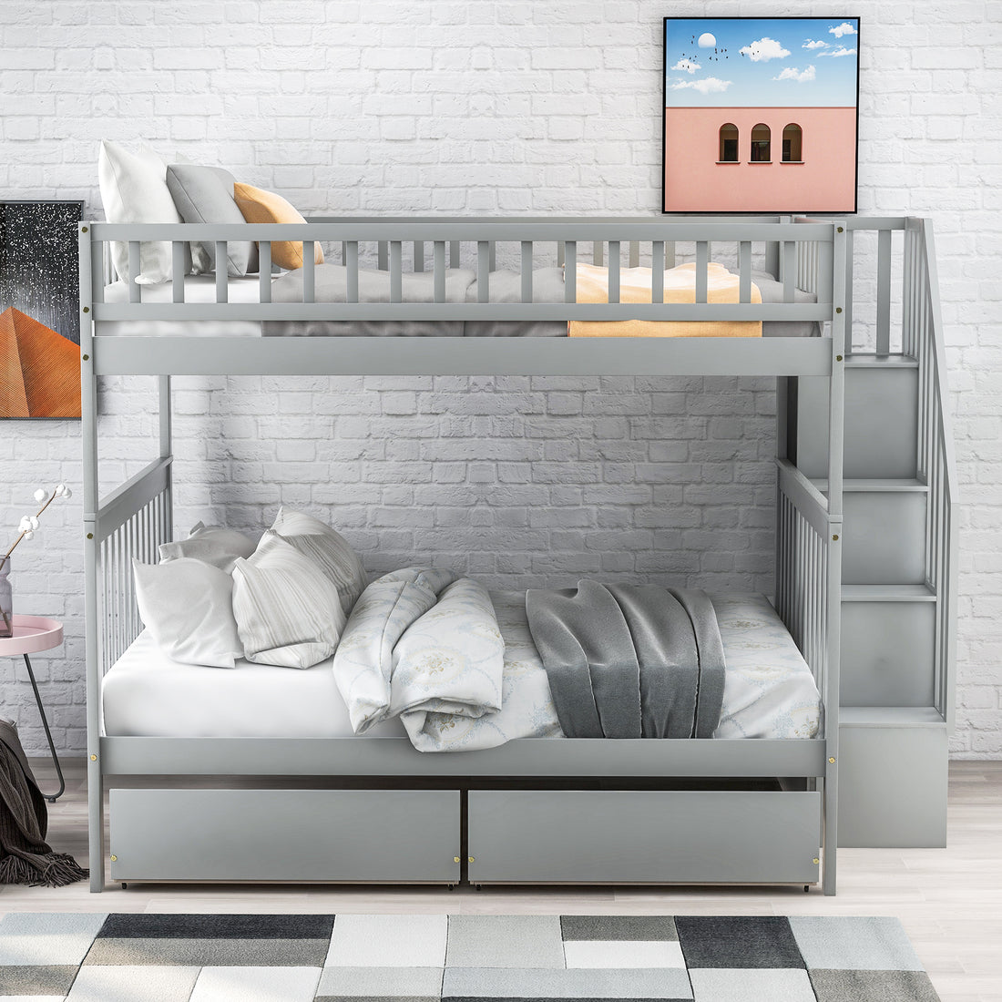 Full Over Full Bunk Bed With Two Drawers And Storage, Gray Gray Pine